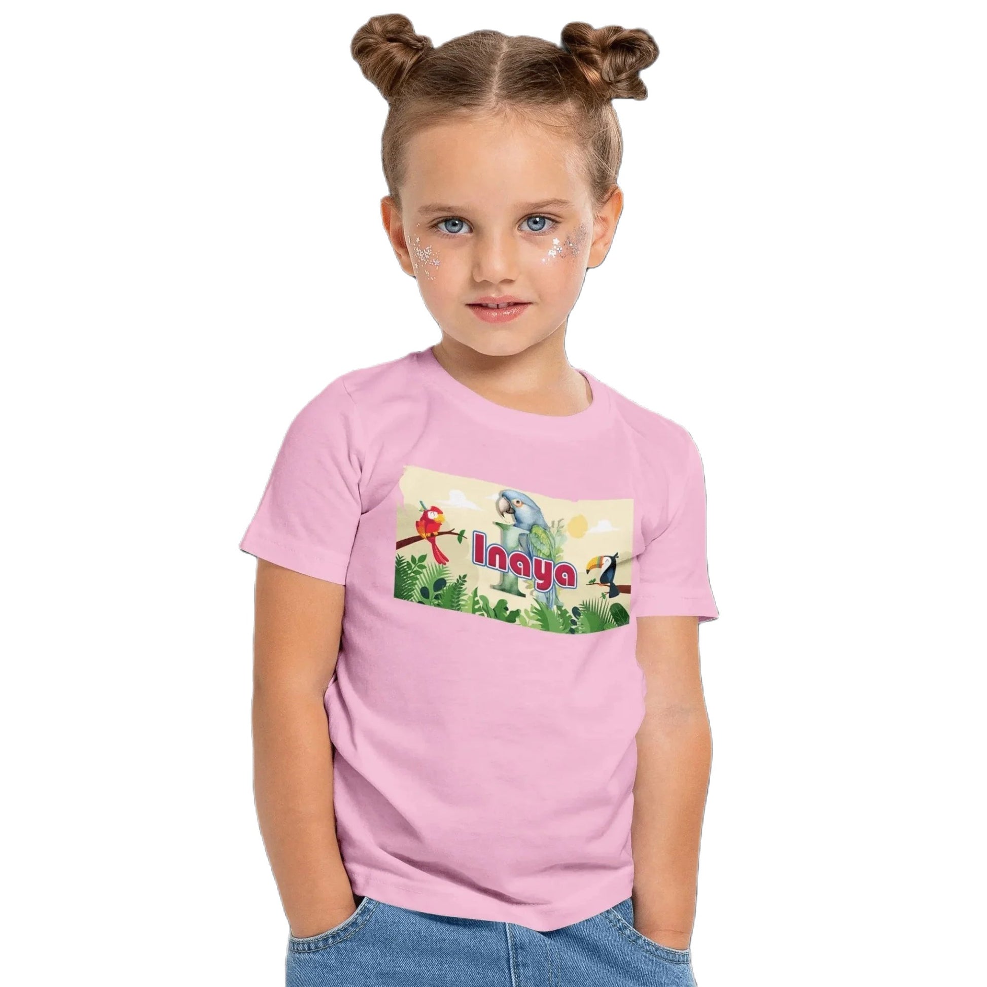 T shirt personnalisé fille – Prénom et initiale avec design 3 perroquets roses - MiniLook