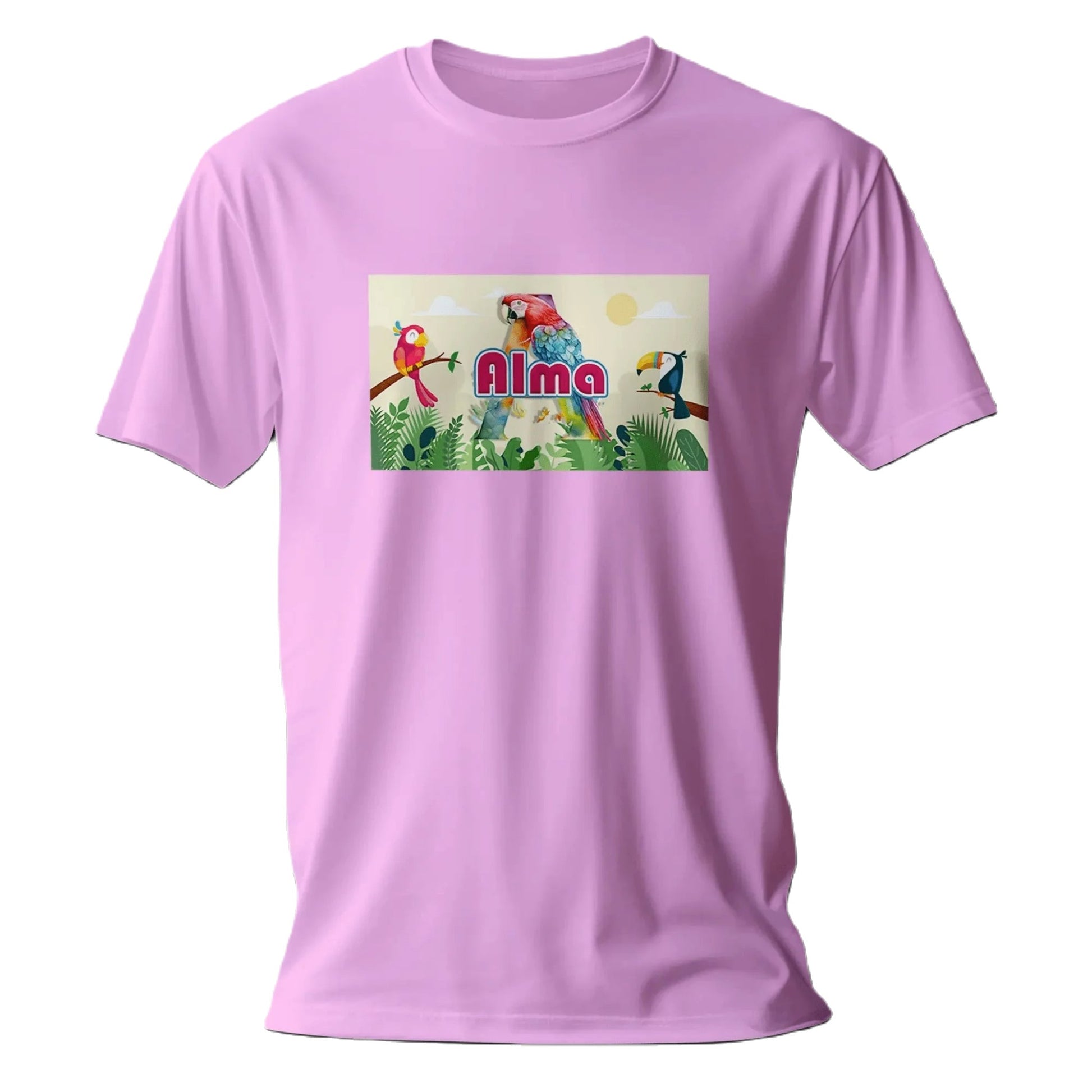 T shirt personnalisé fille – Prénom et initiale avec design 3 perroquets roses - MiniLook