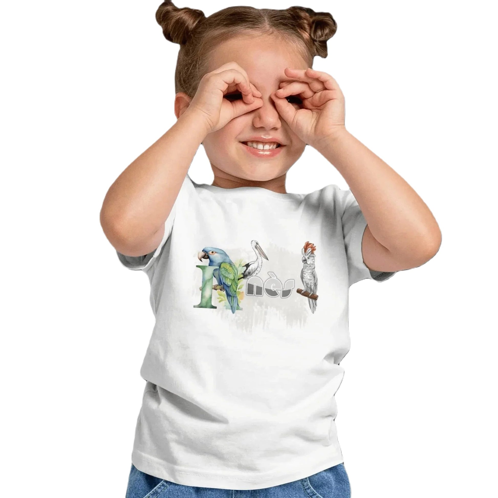 T shirt personnalisé fille – Prénom et initiale avec motif 3 perroquets et oiseaux - MiniLook