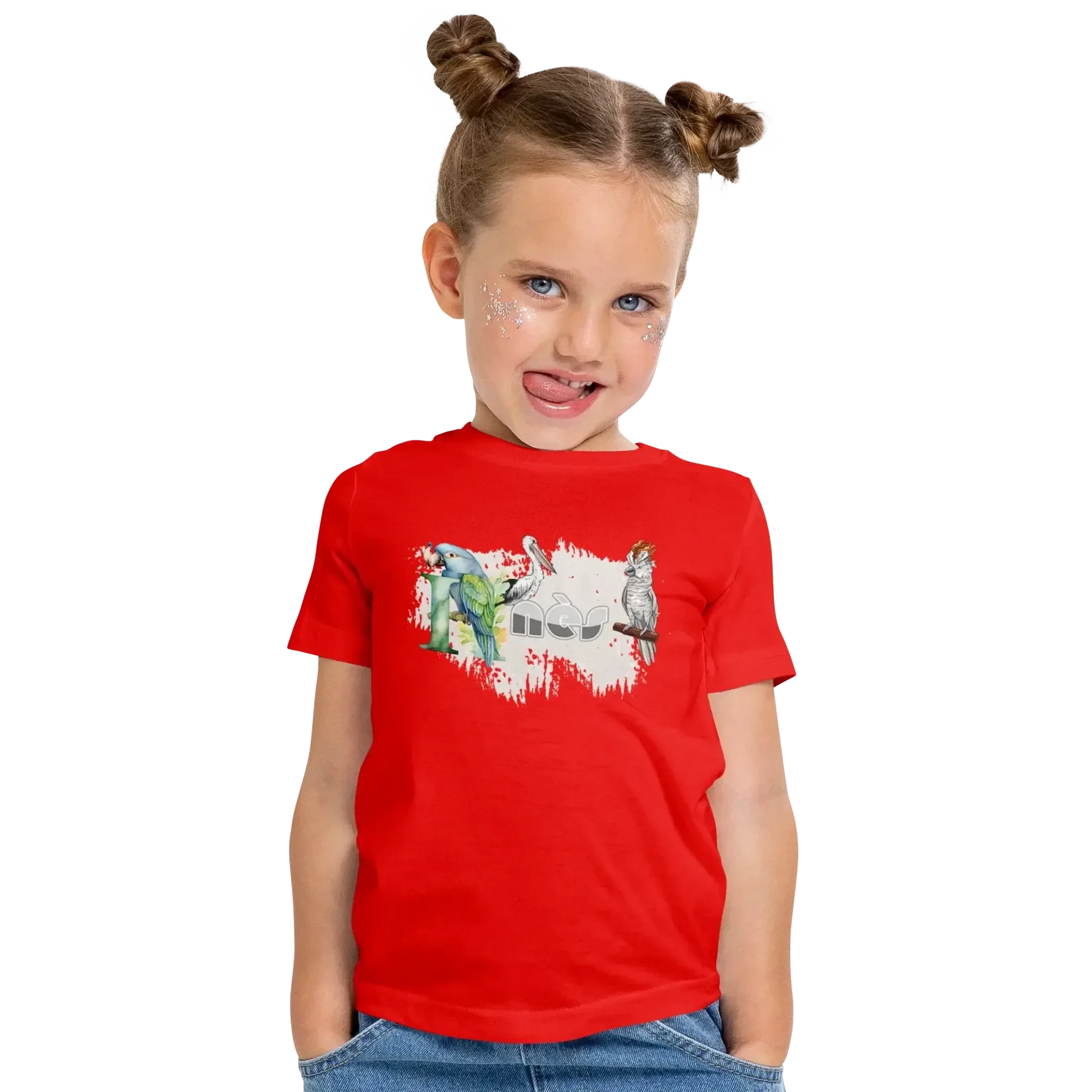 T shirt personnalisé fille – Prénom et initiale avec motif 3 perroquets et oiseaux - MiniLook