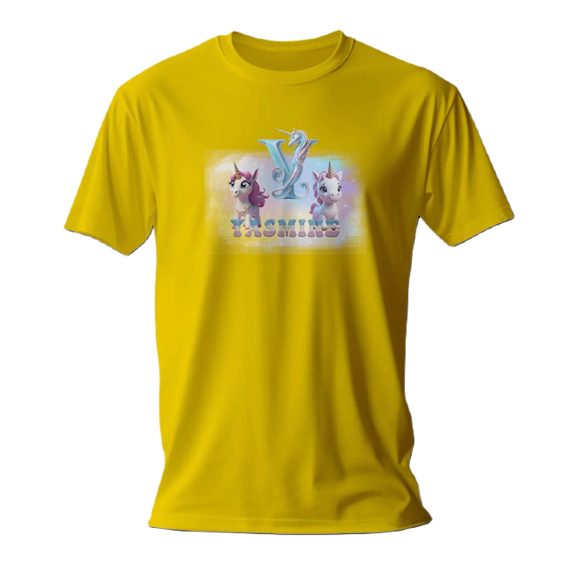 T shirt personnalisé fille – Prénom et initiales avec design 2 licornes et arc - en - ciel - MiniLook