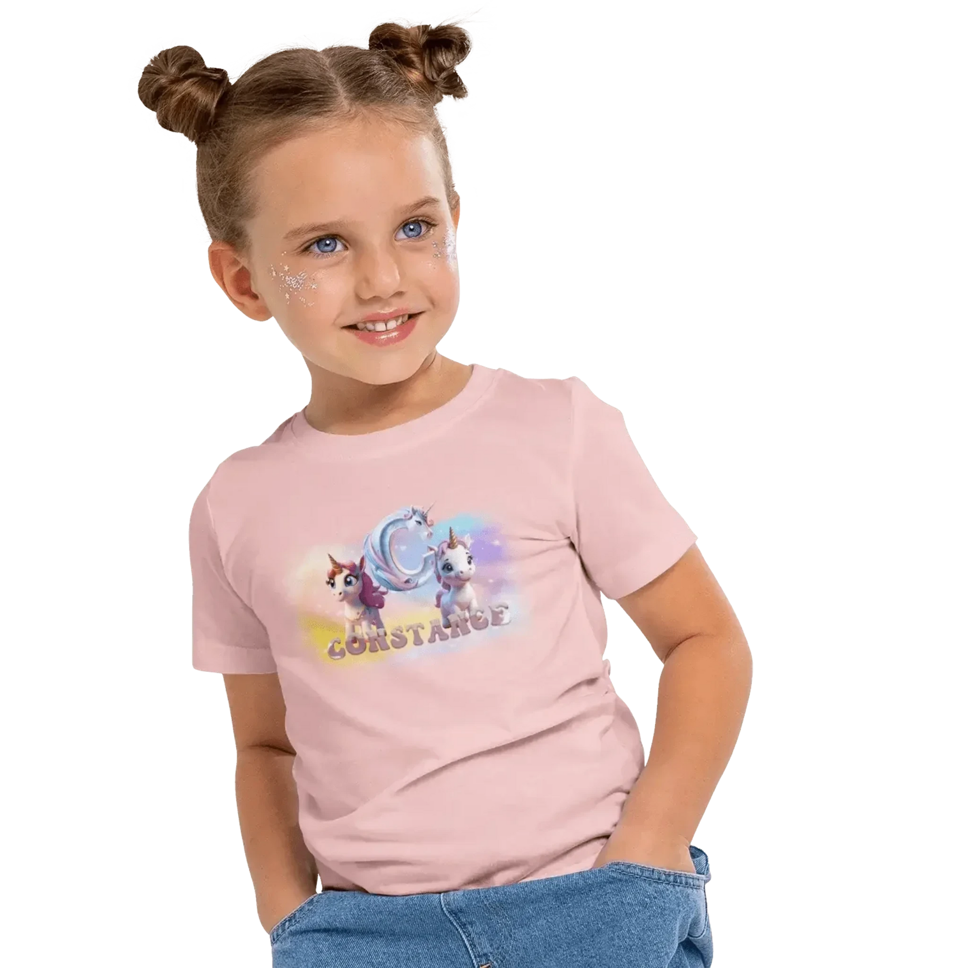 T shirt personnalisé fille – Prénom et initiales avec design 2 licornes et arc - en - ciel - MiniLook