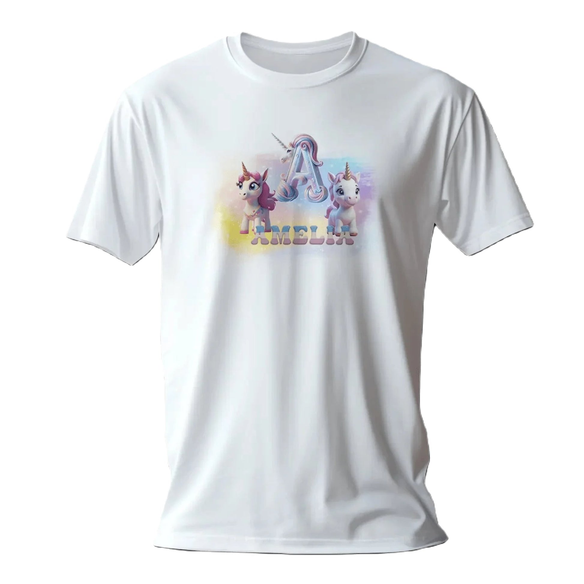 T shirt personnalisé fille – Prénom et initiales avec design 2 licornes et arc - en - ciel - MiniLook