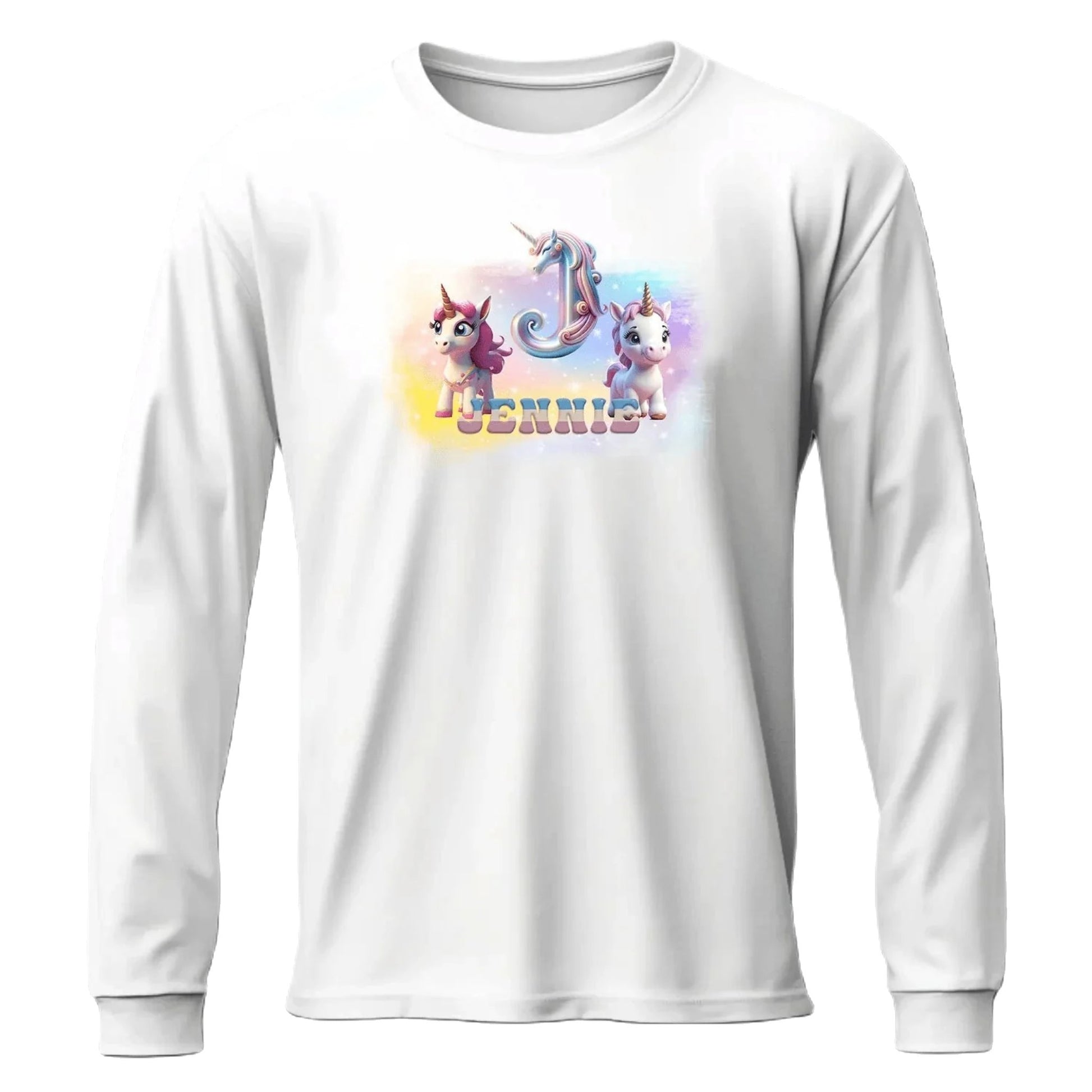 T shirt personnalisé fille – Prénom et initiales avec design 2 licornes et arc - en - ciel - MiniLook