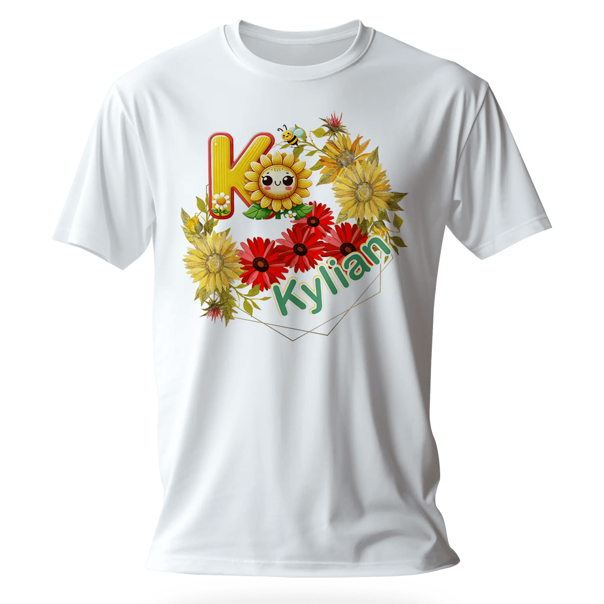 T-Shirt Personnalisé Fleurs Tournesol Jaune & Rouge Avec Visage - Initiale et Prénom - MiniLook