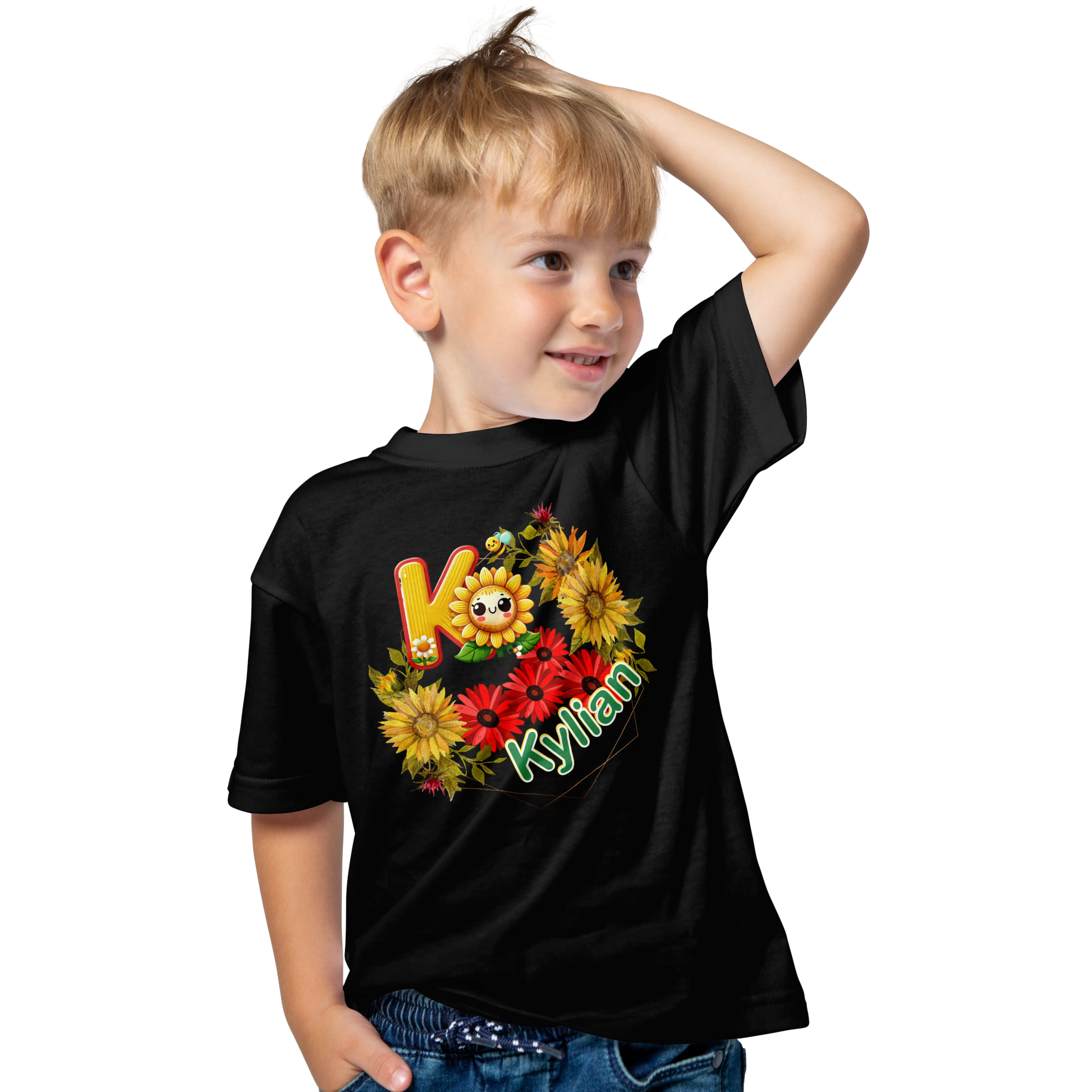 T-Shirt Personnalisé Fleurs Tournesol Jaune & Rouge Avec Visage - Initiale et Prénom - MiniLook