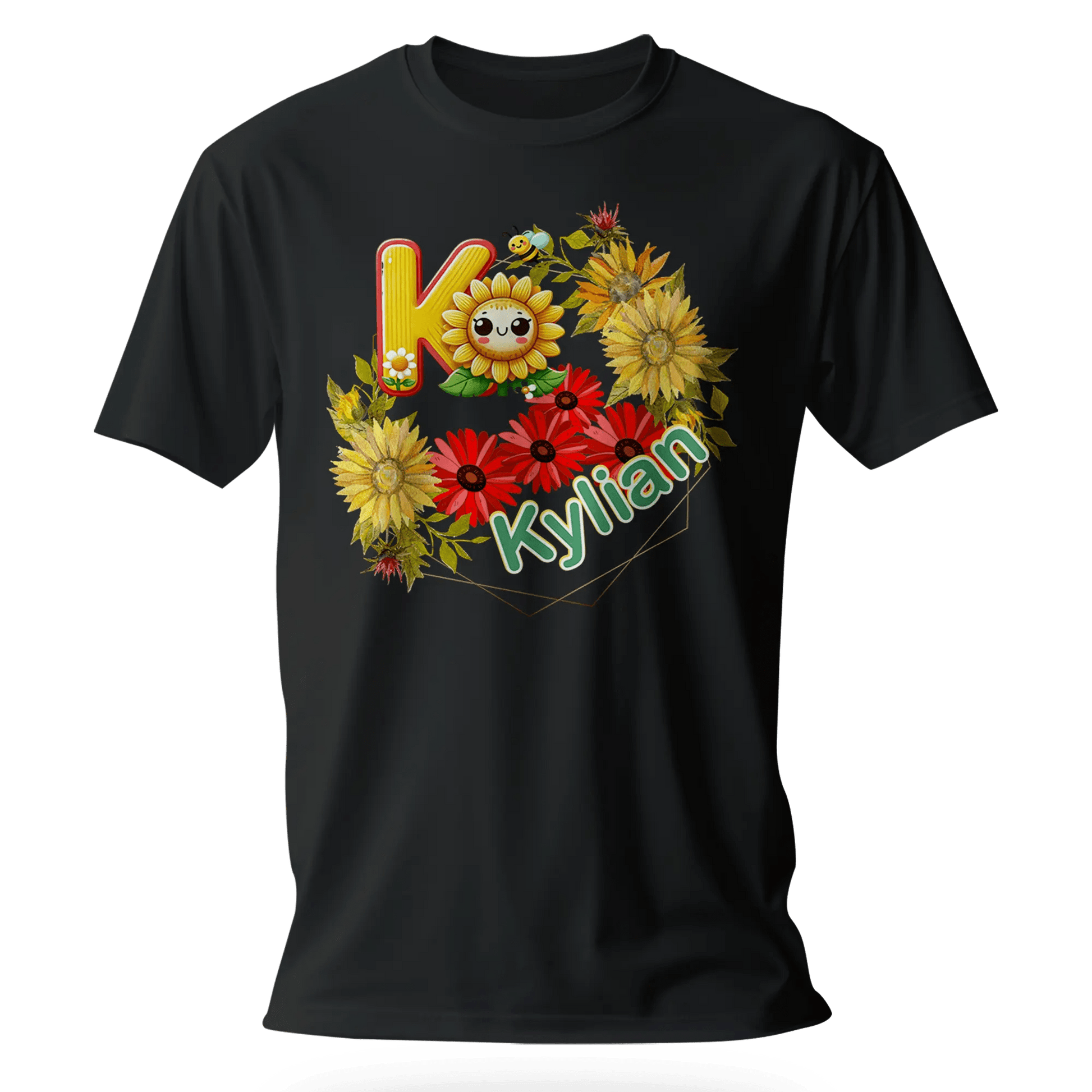 T-Shirt Personnalisé Fleurs Tournesol Jaune & Rouge Avec Visage - Initiale et Prénom - MiniLook