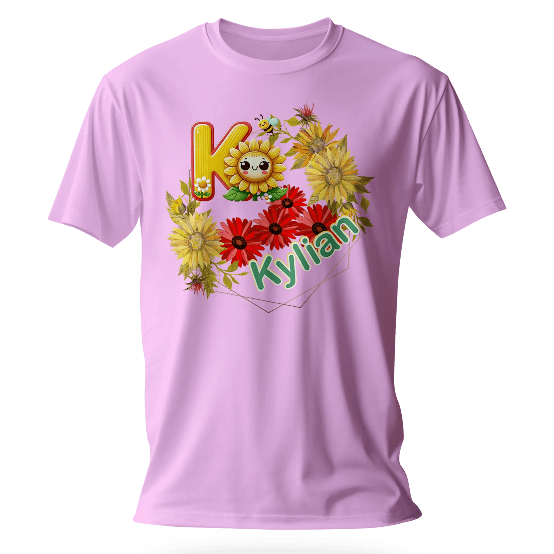 T-Shirt Personnalisé Fleurs Tournesol Jaune & Rouge Avec Visage - Initiale et Prénom - MiniLook