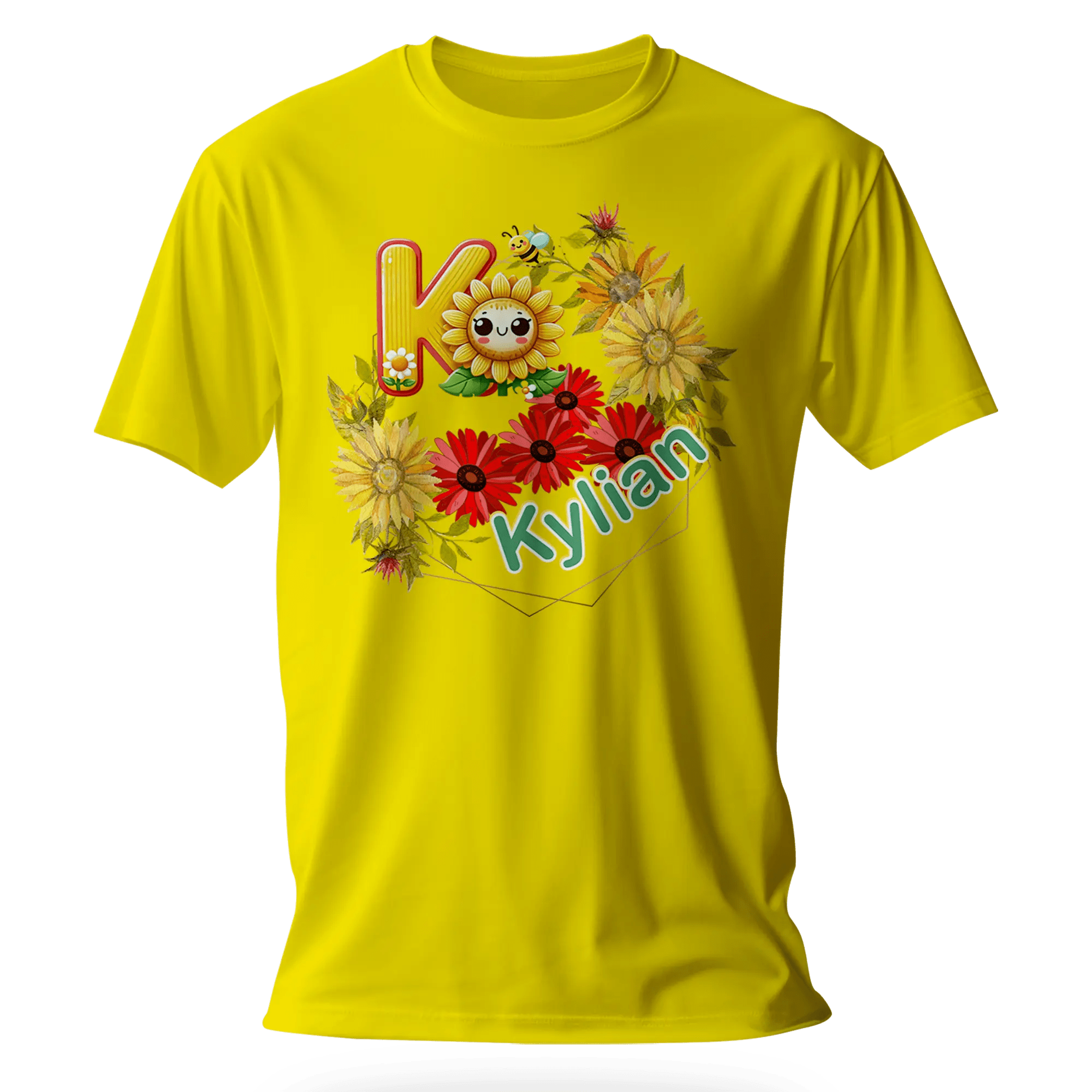 T-Shirt Personnalisé Fleurs Tournesol Jaune & Rouge Avec Visage - Initiale et Prénom - MiniLook