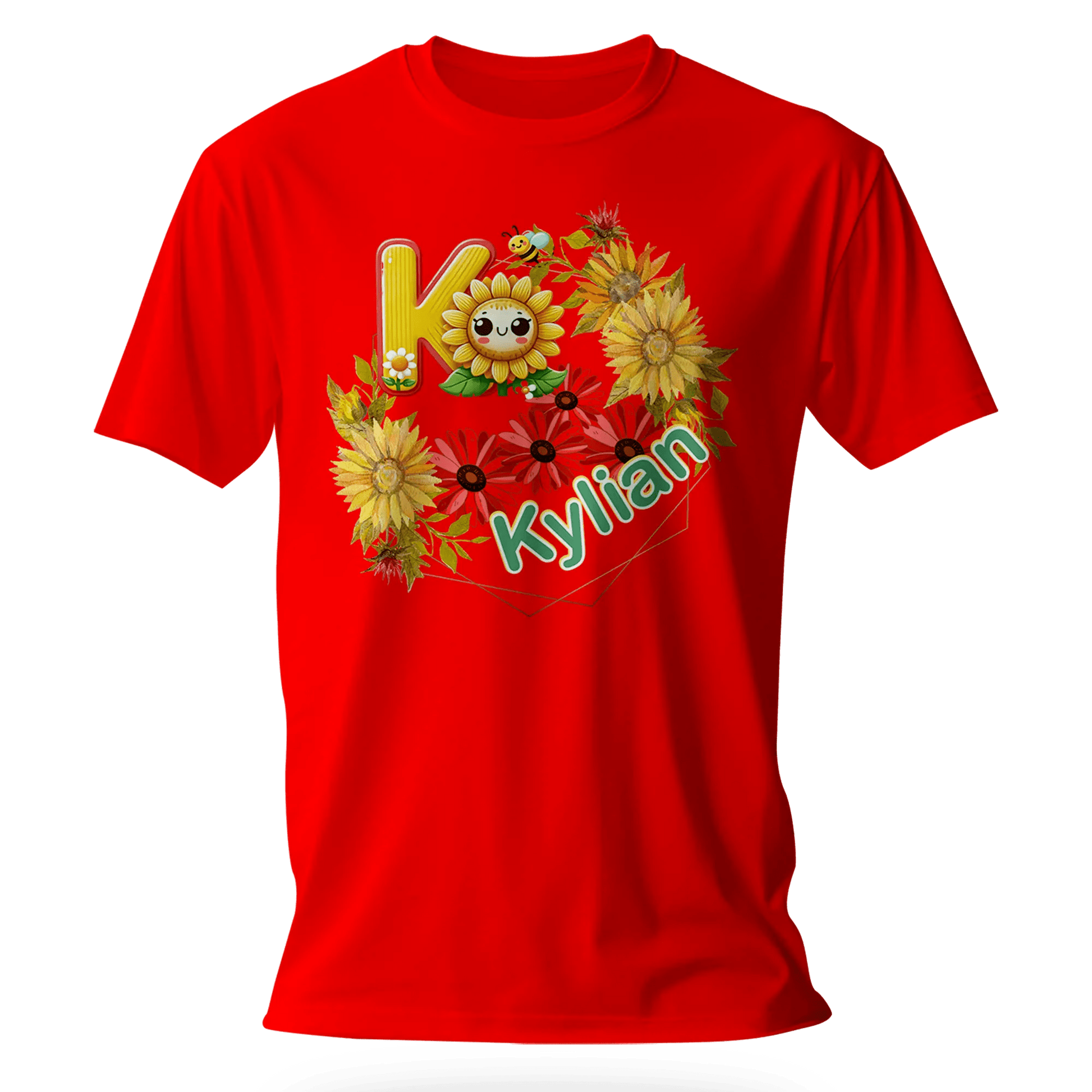 T-Shirt Personnalisé Fleurs Tournesol Jaune & Rouge Avec Visage - Initiale et Prénom - MiniLook