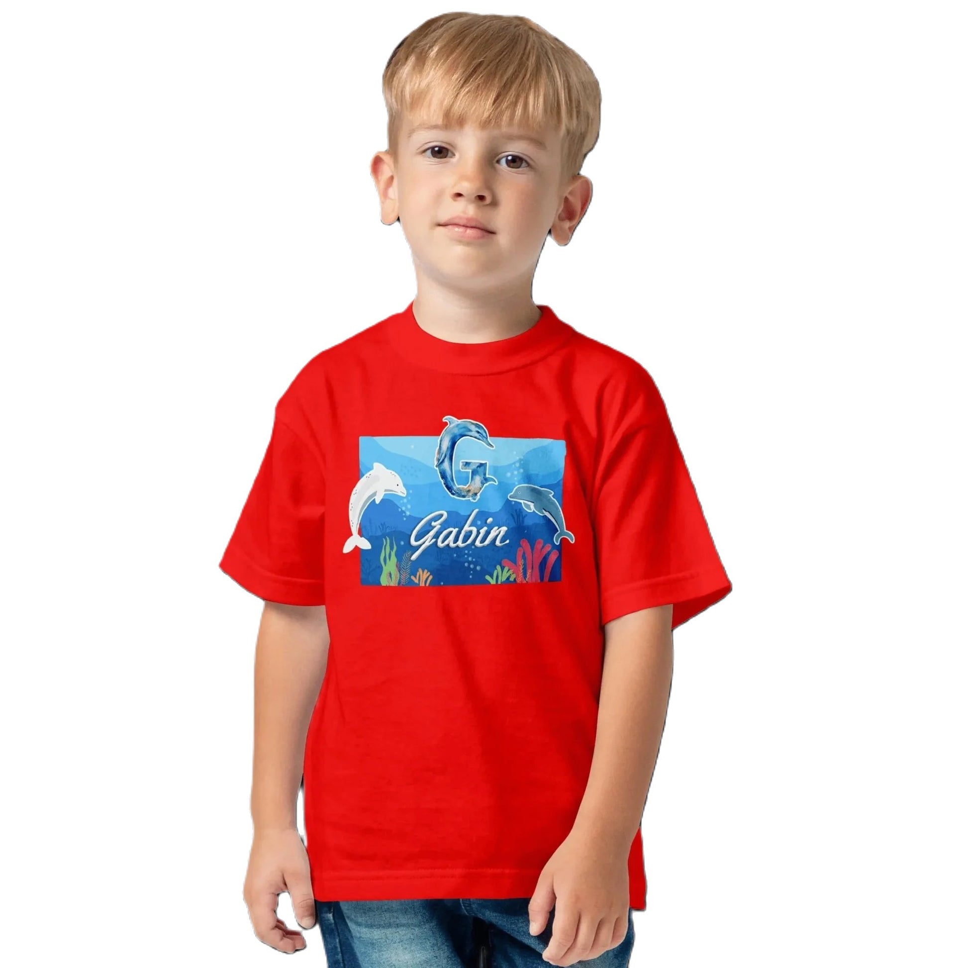 T shirt personnalisé garçon – Motif dauphin et fond marin avec prénom et initiale - MiniLook