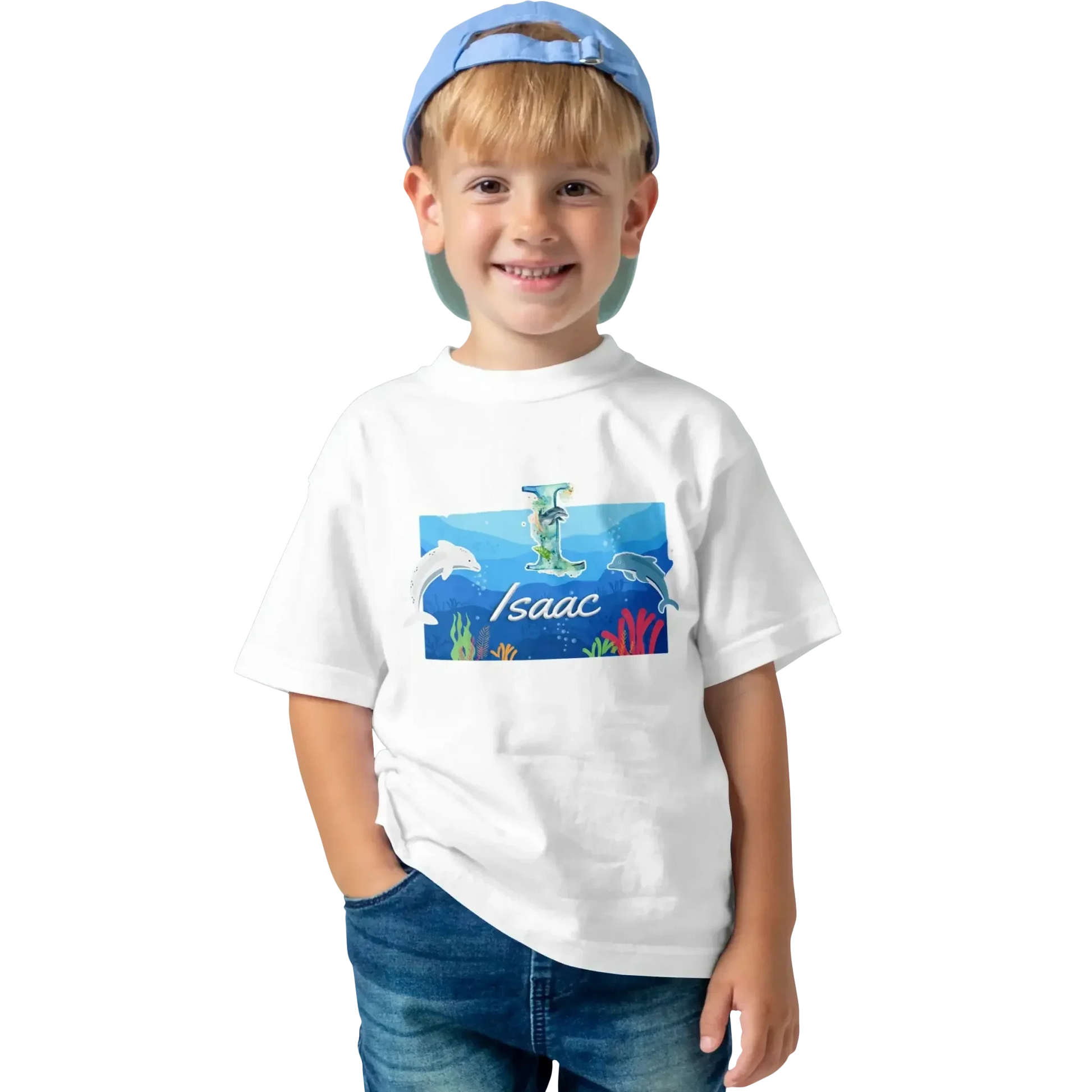 T shirt personnalisé garçon – Motif dauphin et fond marin avec prénom et initiale - MiniLook