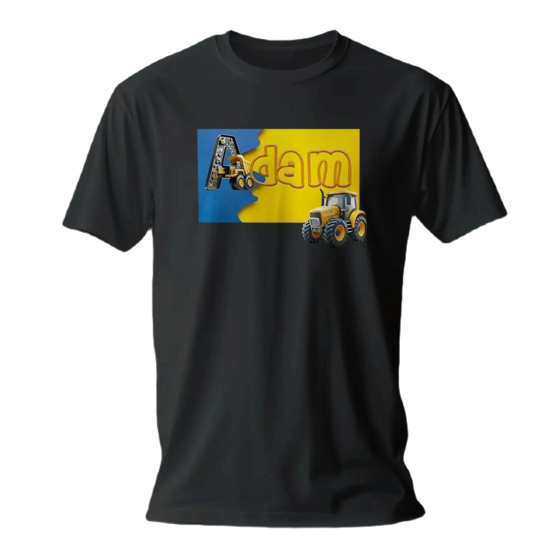 T shirt personnalisé garçon – Prénom avec design camion de chantier et affiche jaune et bleue - MiniLook