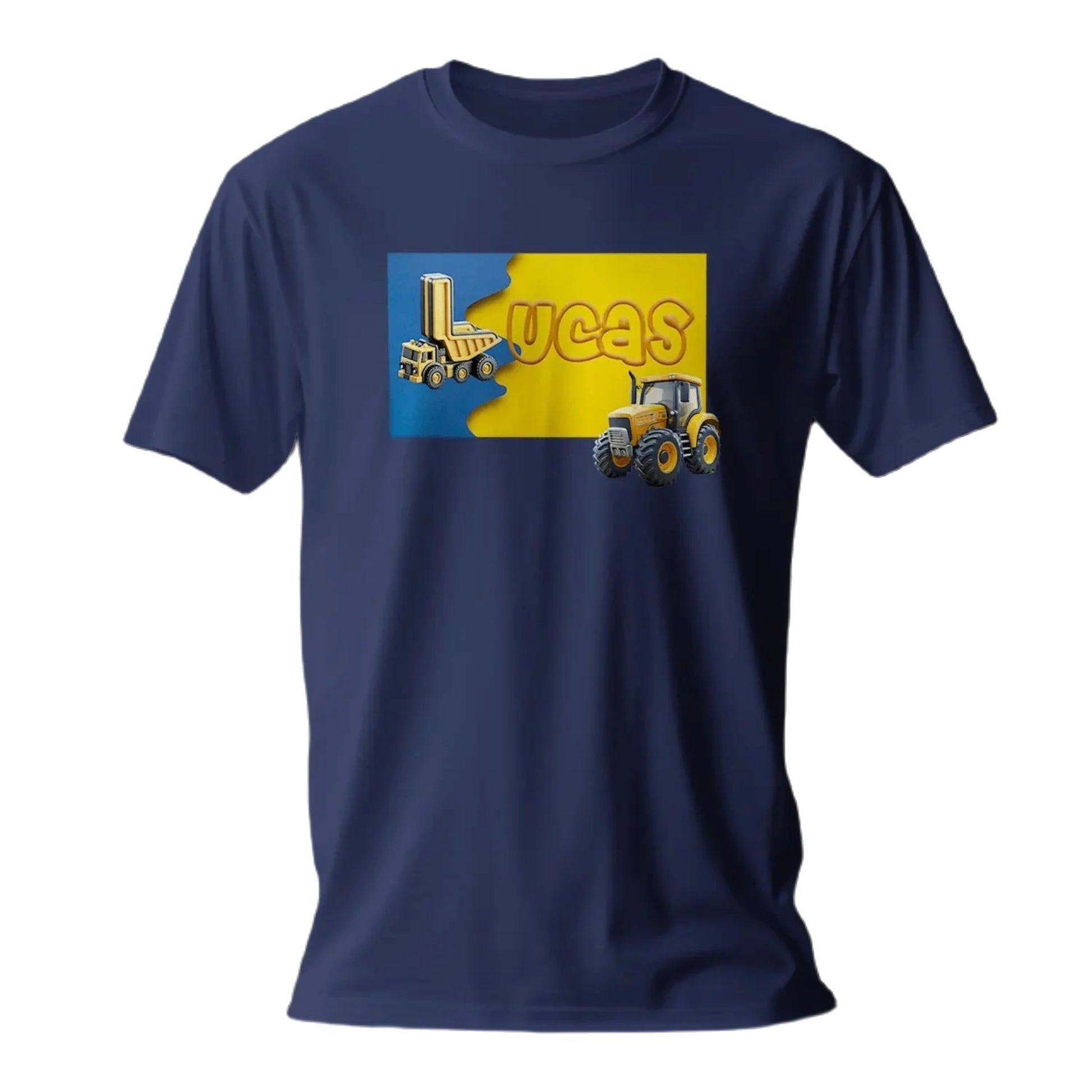 T shirt personnalisé garçon – Prénom avec design camion de chantier et affiche jaune et bleue - MiniLook