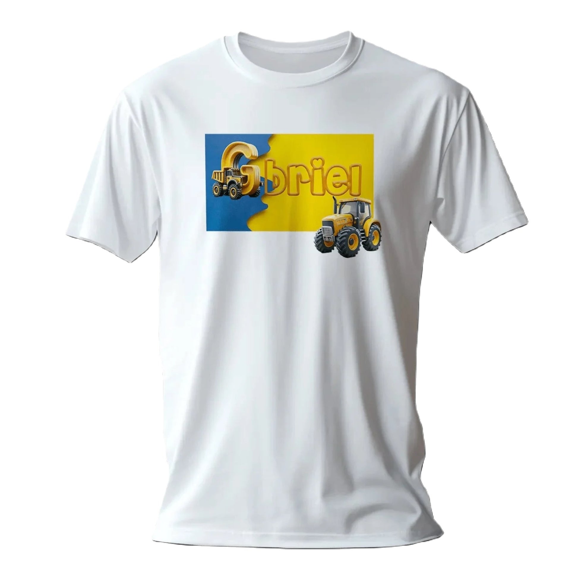 T shirt personnalisé garçon – Prénom avec design camion de chantier et affiche jaune et bleue - MiniLook