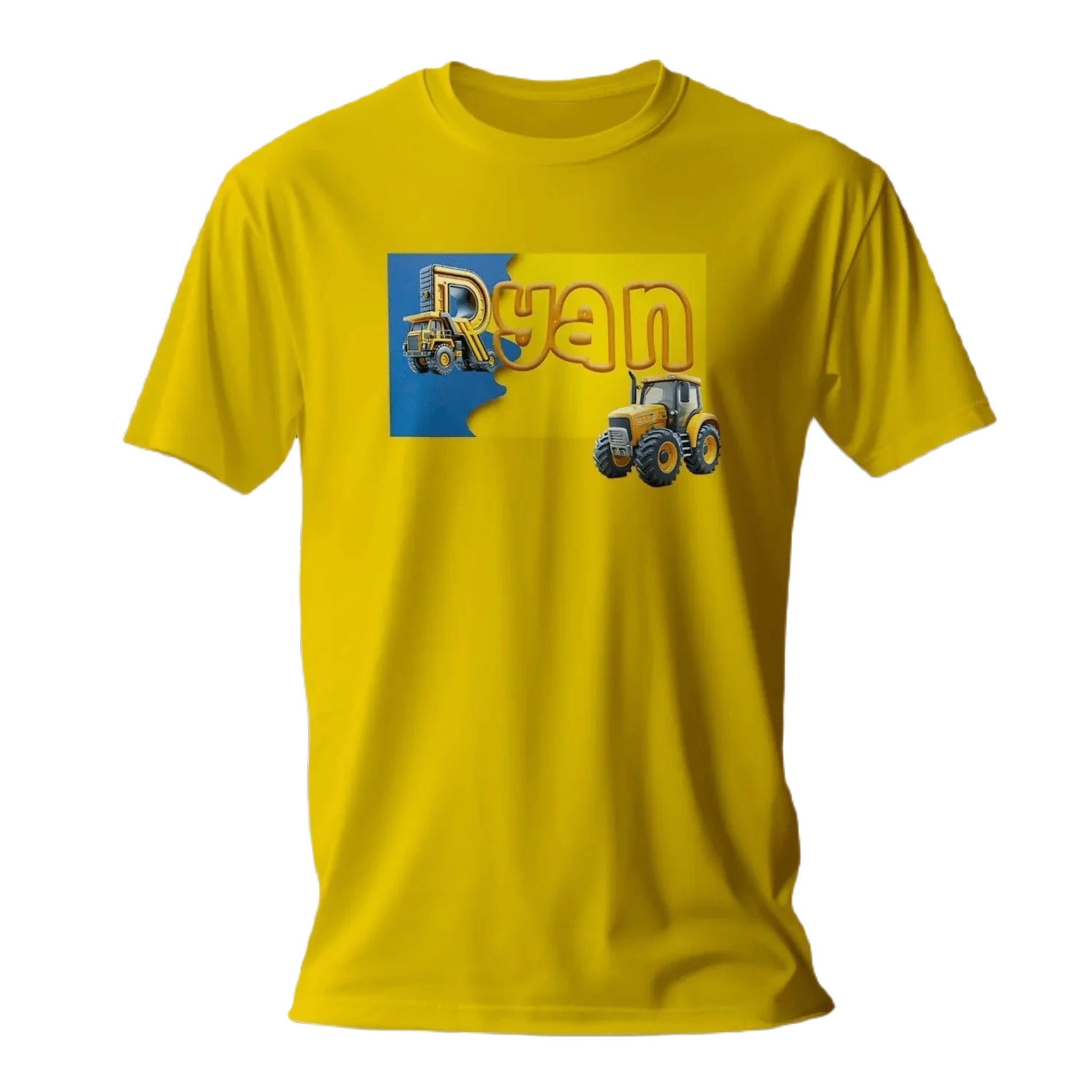 T shirt personnalisé garçon – Prénom avec design camion de chantier et affiche jaune et bleue - MiniLook