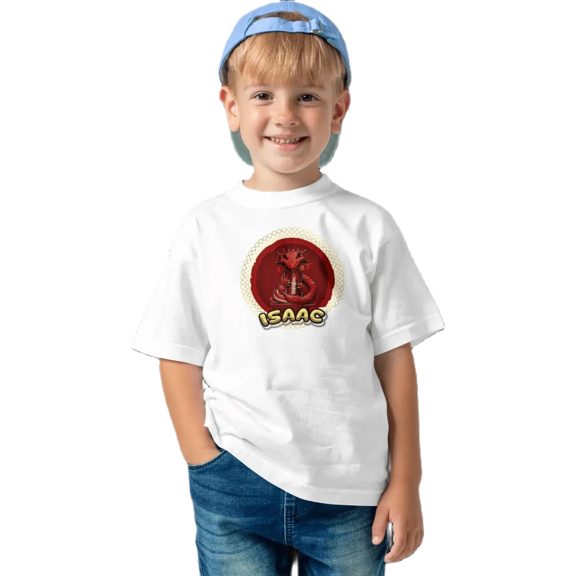 T shirt personnalisé garçon – Prénom et initiale avec design dragon rond - MiniLook