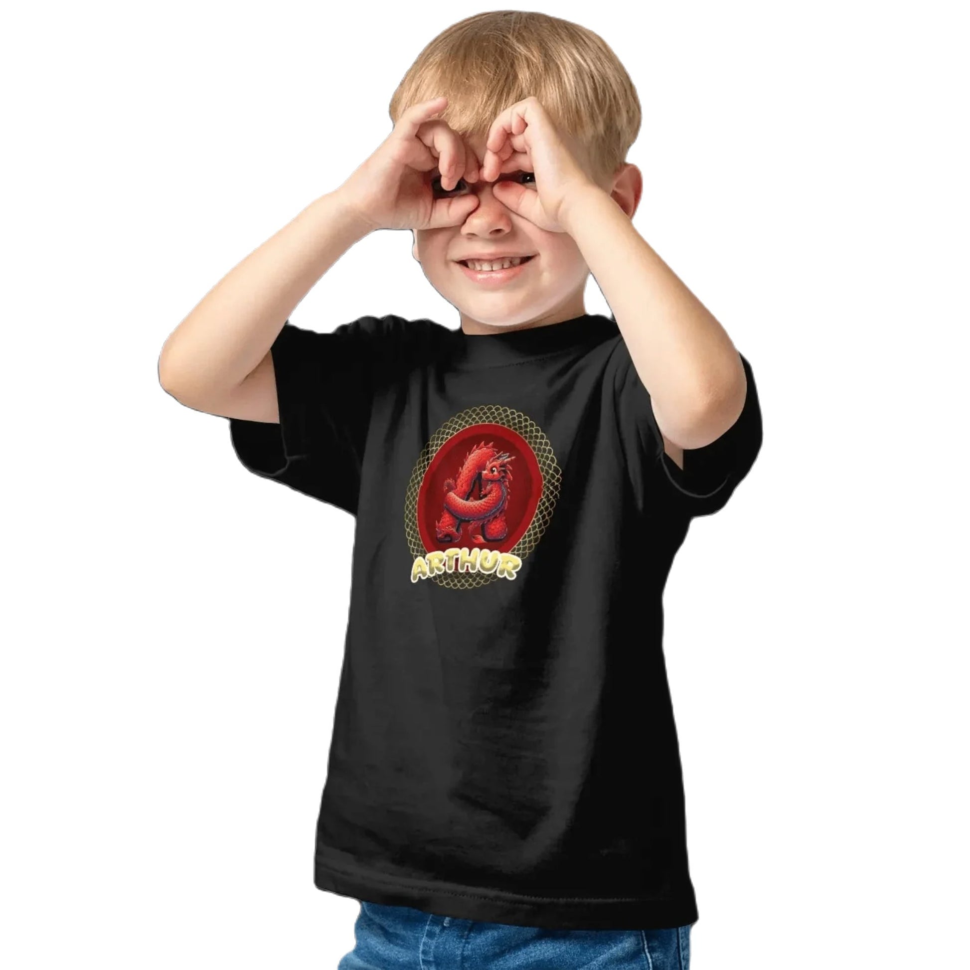 T shirt personnalisé garçon – Prénom et initiale avec design dragon rond - MiniLook