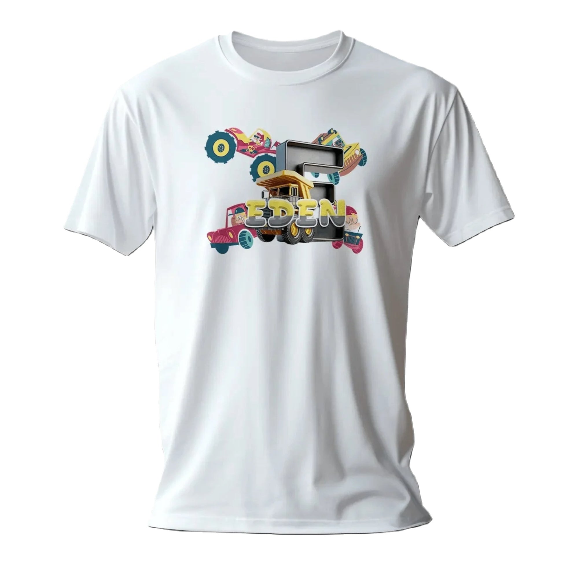 T shirt personnalisé garçon – Prénom et initiale avec design voiture et camion de dessin animé - MiniLook