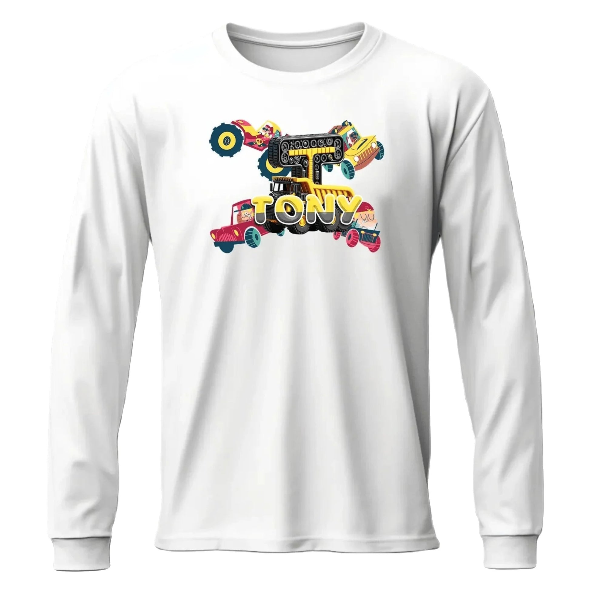 T shirt personnalisé garçon – Prénom et initiale avec design voiture et camion de dessin animé - MiniLook