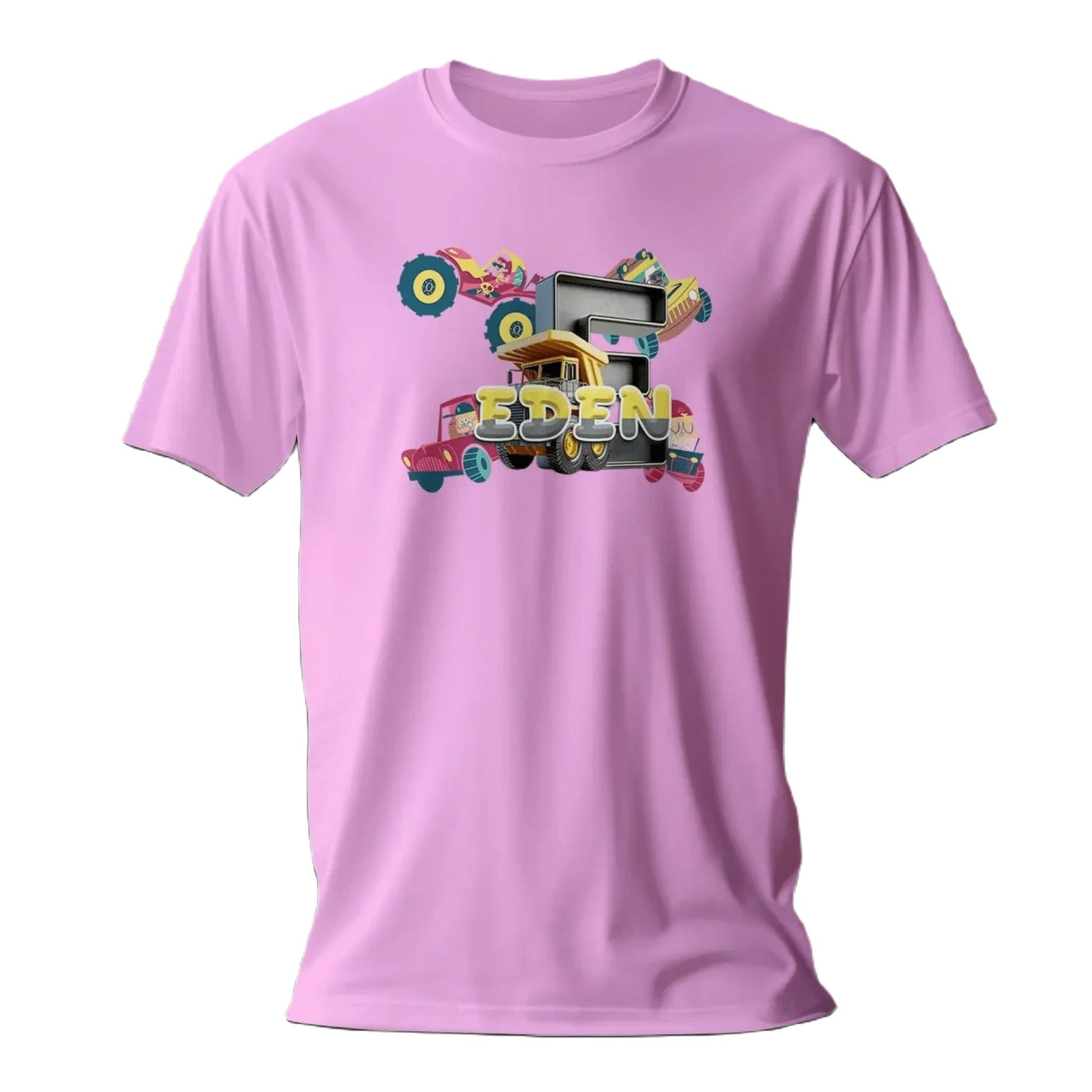 T shirt personnalisé garçon – Prénom et initiale avec design voiture et camion de dessin animé - MiniLook