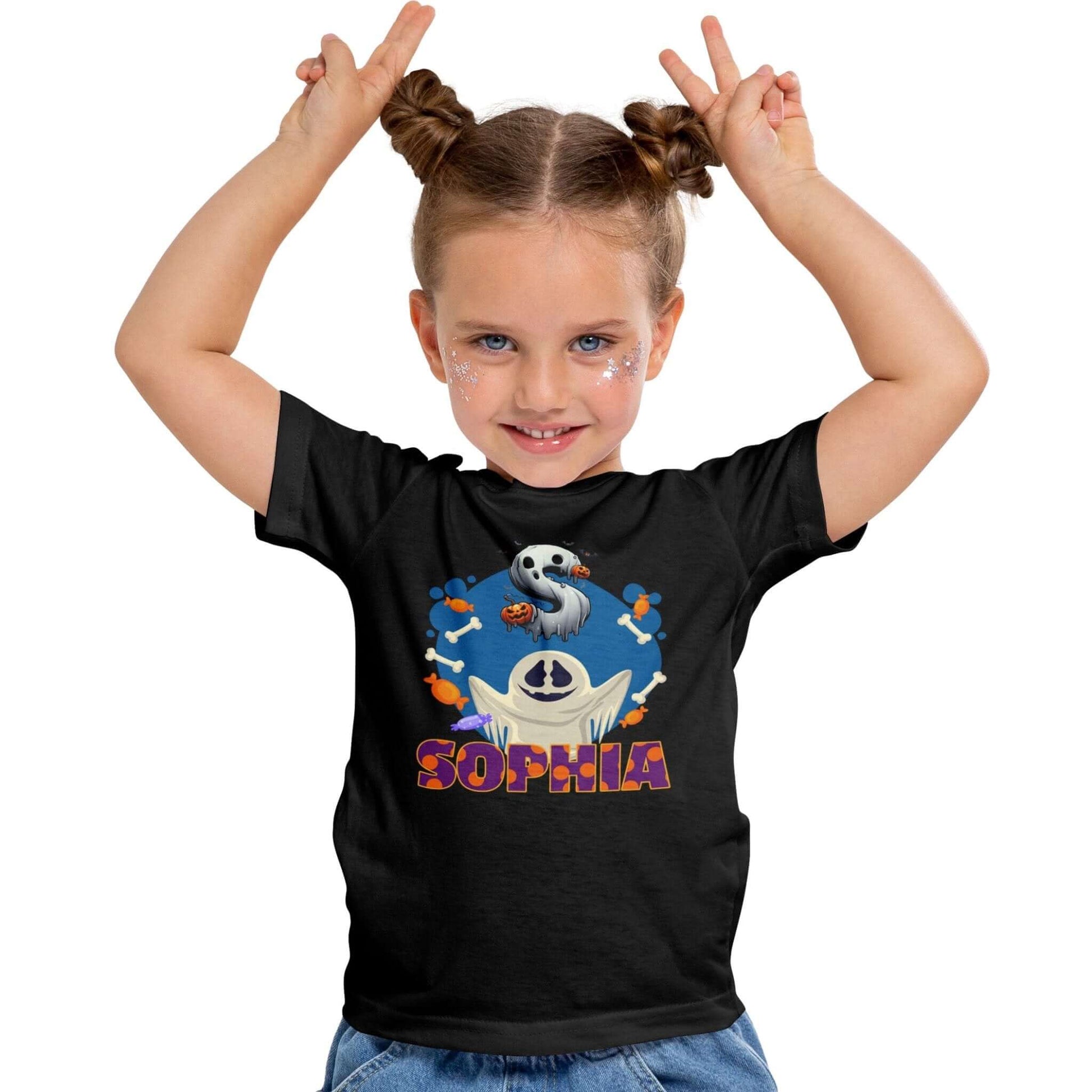 T-shirt personnalisé Halloween Candy & Bone Ghost Design pour filles - Initiale et prénom - MiniLook