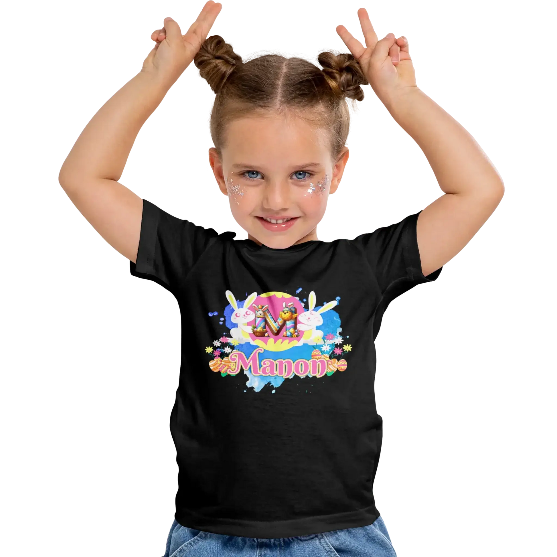 T-Shirt Personnalisé Lapin de Pâques Tenant Un Oeuf Pour Fille - Prénom et Initiales - MiniLook