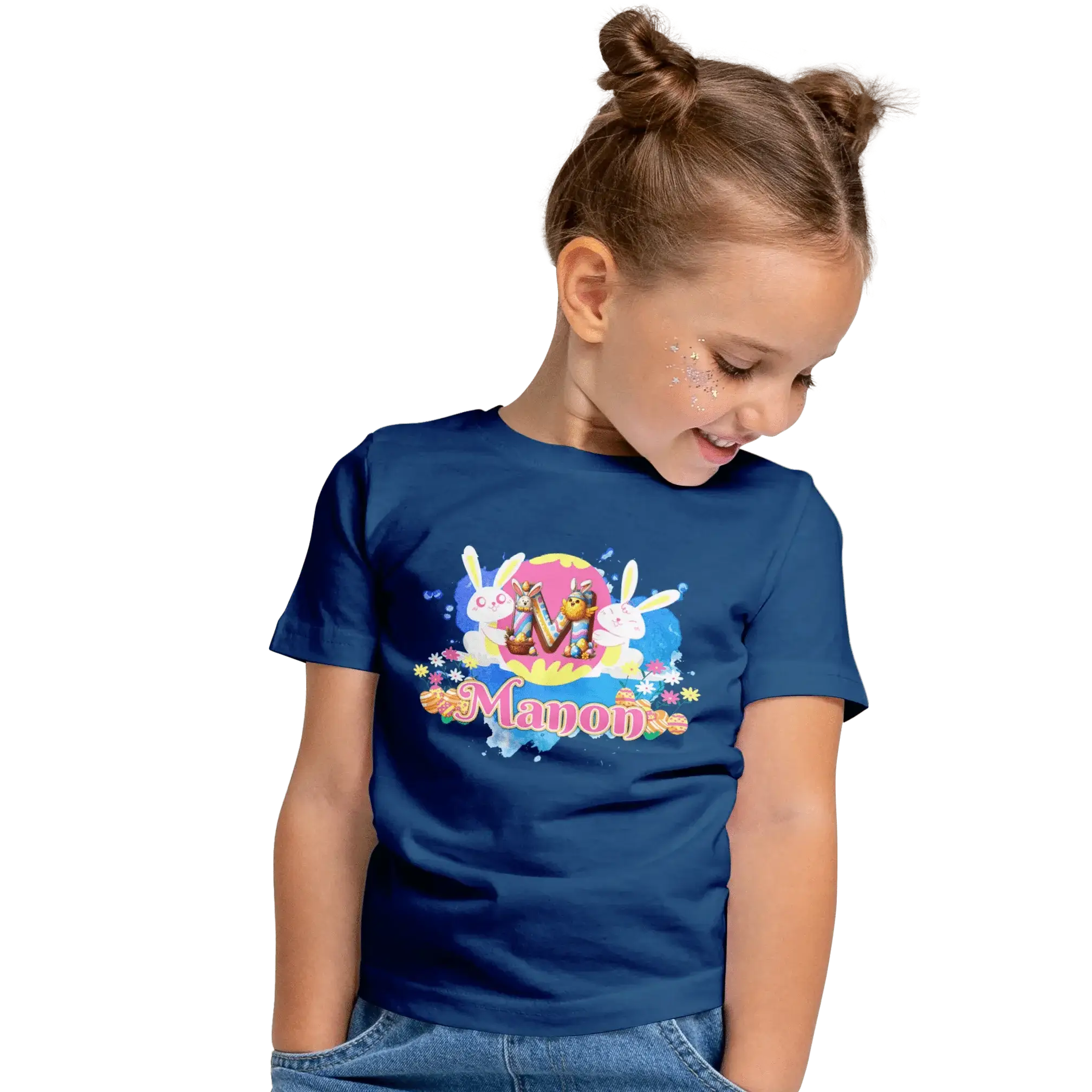 T-Shirt Personnalisé Lapin de Pâques Tenant Un Oeuf Pour Fille - Prénom et Initiales - MiniLook