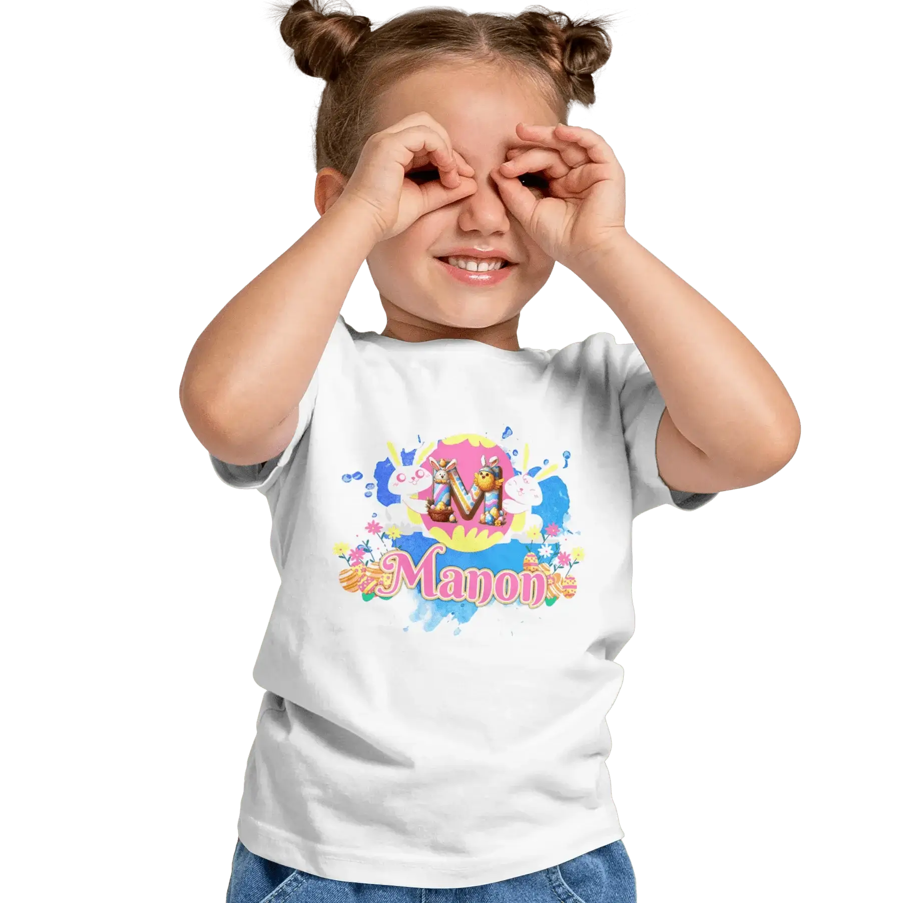 T-Shirt Personnalisé Lapin de Pâques Tenant Un Oeuf Pour Fille - Prénom et Initiales - MiniLook