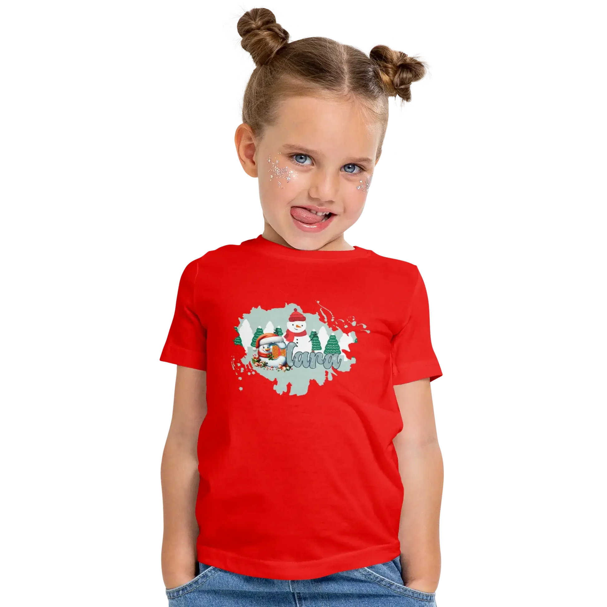 T-shirt personnalisé motif bonhomme de neige et arbres de Noël pour filles - Prénom - MiniLook