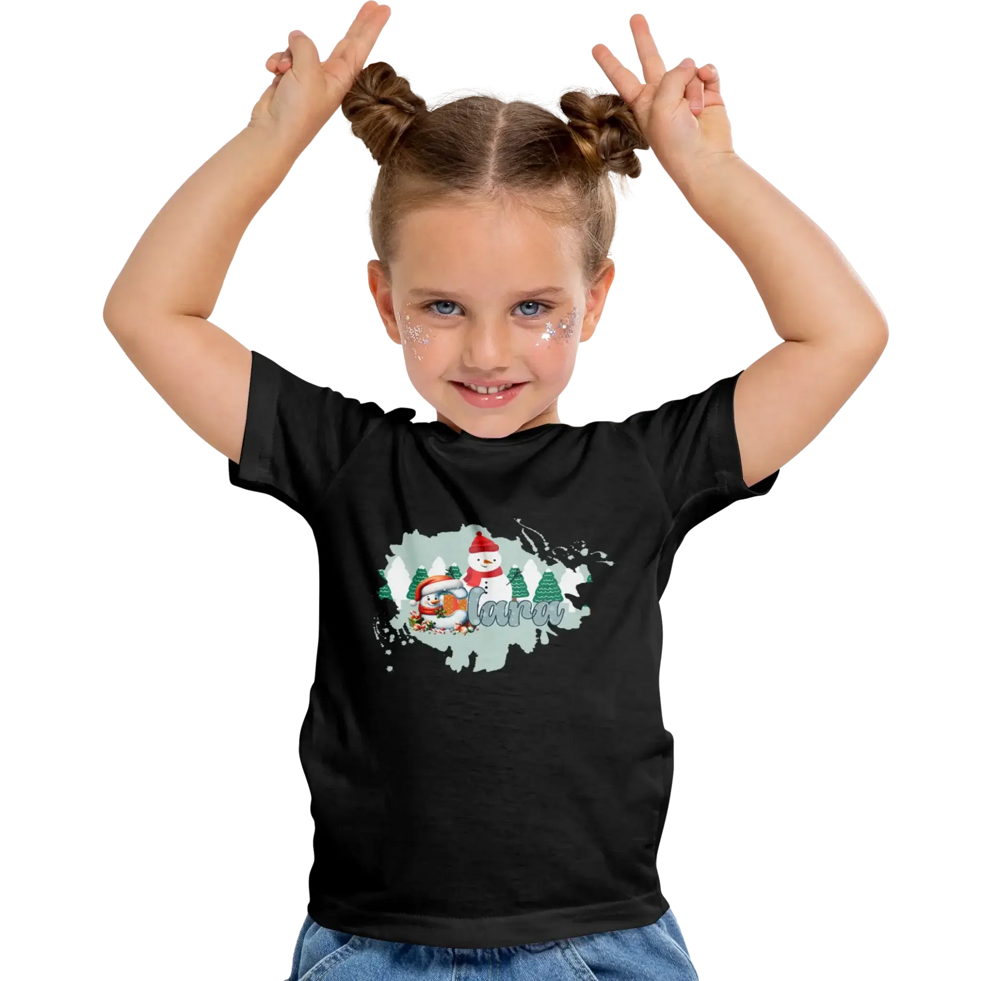 T-shirt personnalisé motif bonhomme de neige et arbres de Noël pour filles - Prénom - MiniLook