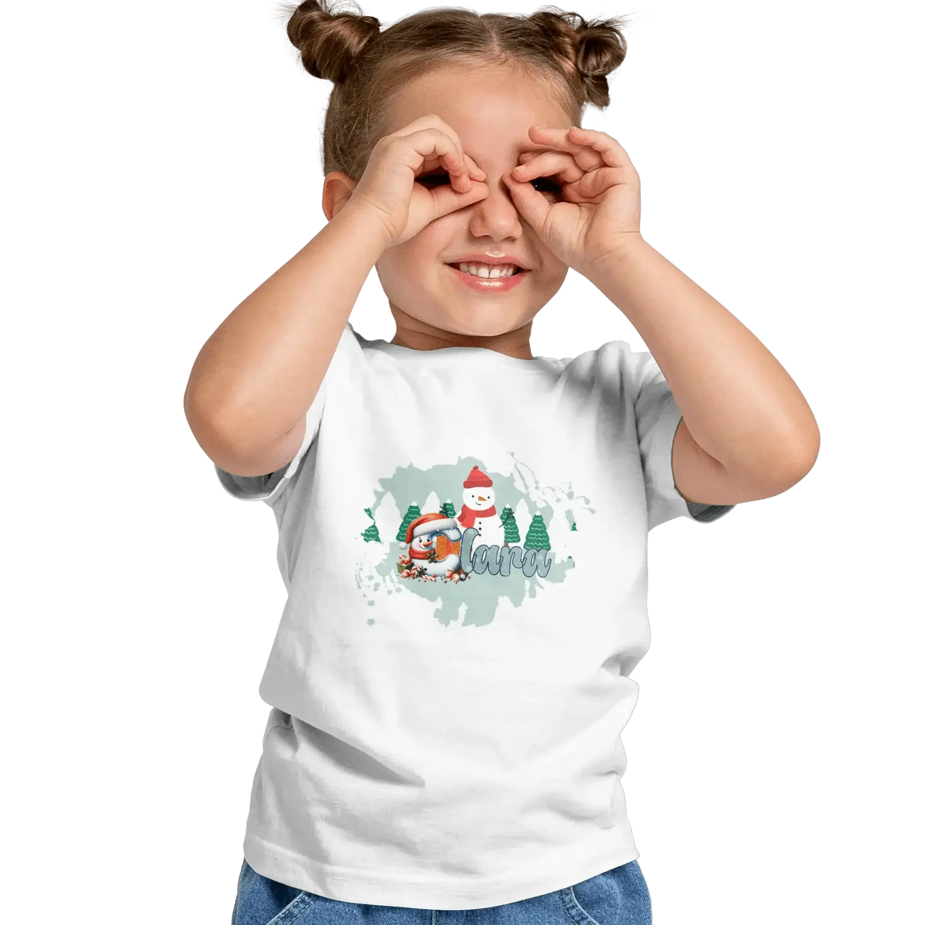 T-shirt personnalisé motif bonhomme de neige et arbres de Noël pour filles - Prénom - MiniLook