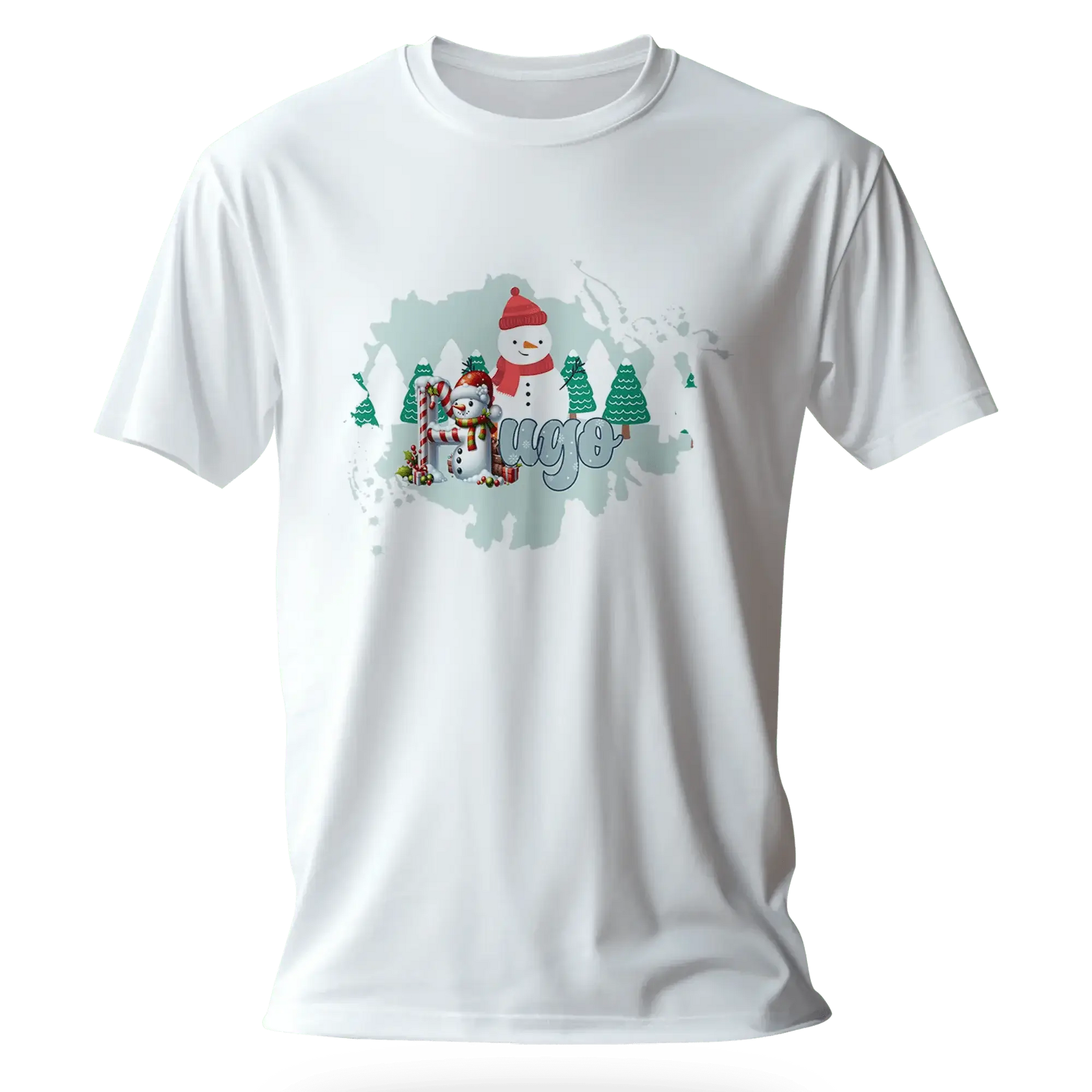 T-shirt personnalisé motif bonhomme de neige et arbres de Noël - Prénom - MiniLook