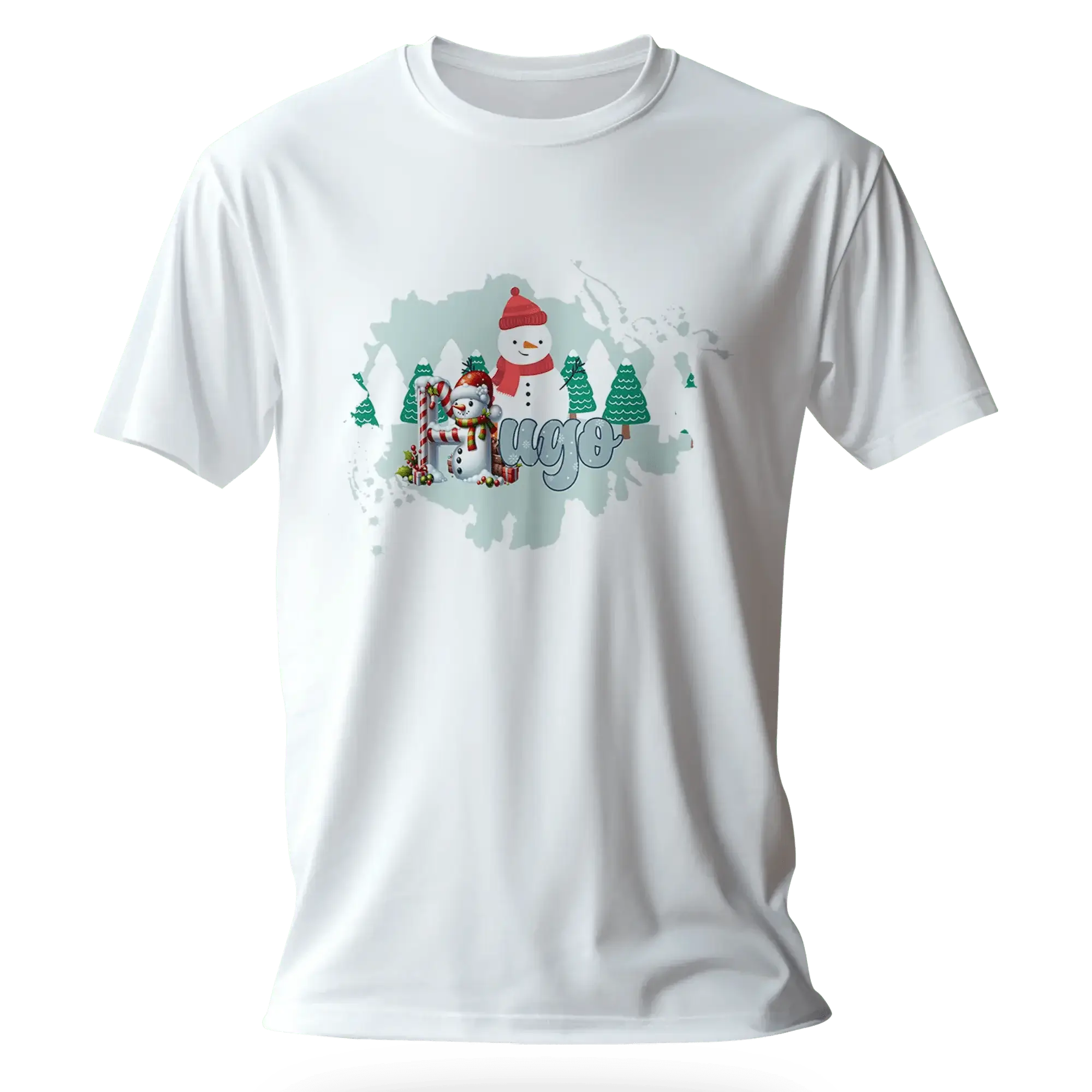 T-shirt personnalisé motif bonhomme de neige et arbres de Noël - Prénom - MiniLook