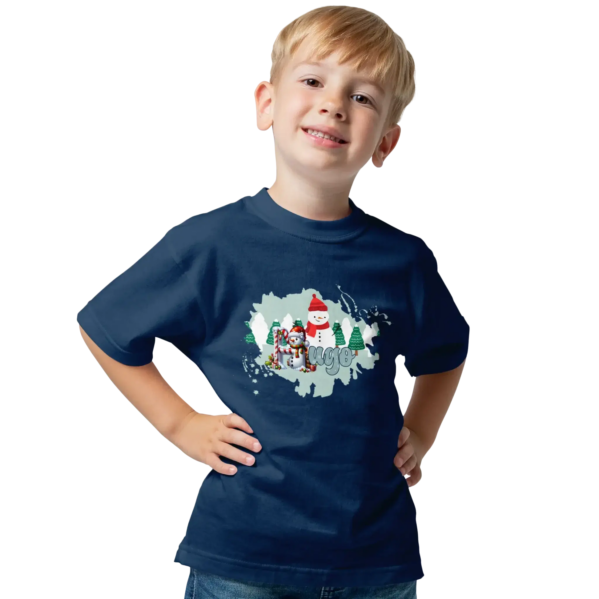 T-shirt personnalisé motif bonhomme de neige et arbres de Noël - Prénom - MiniLook