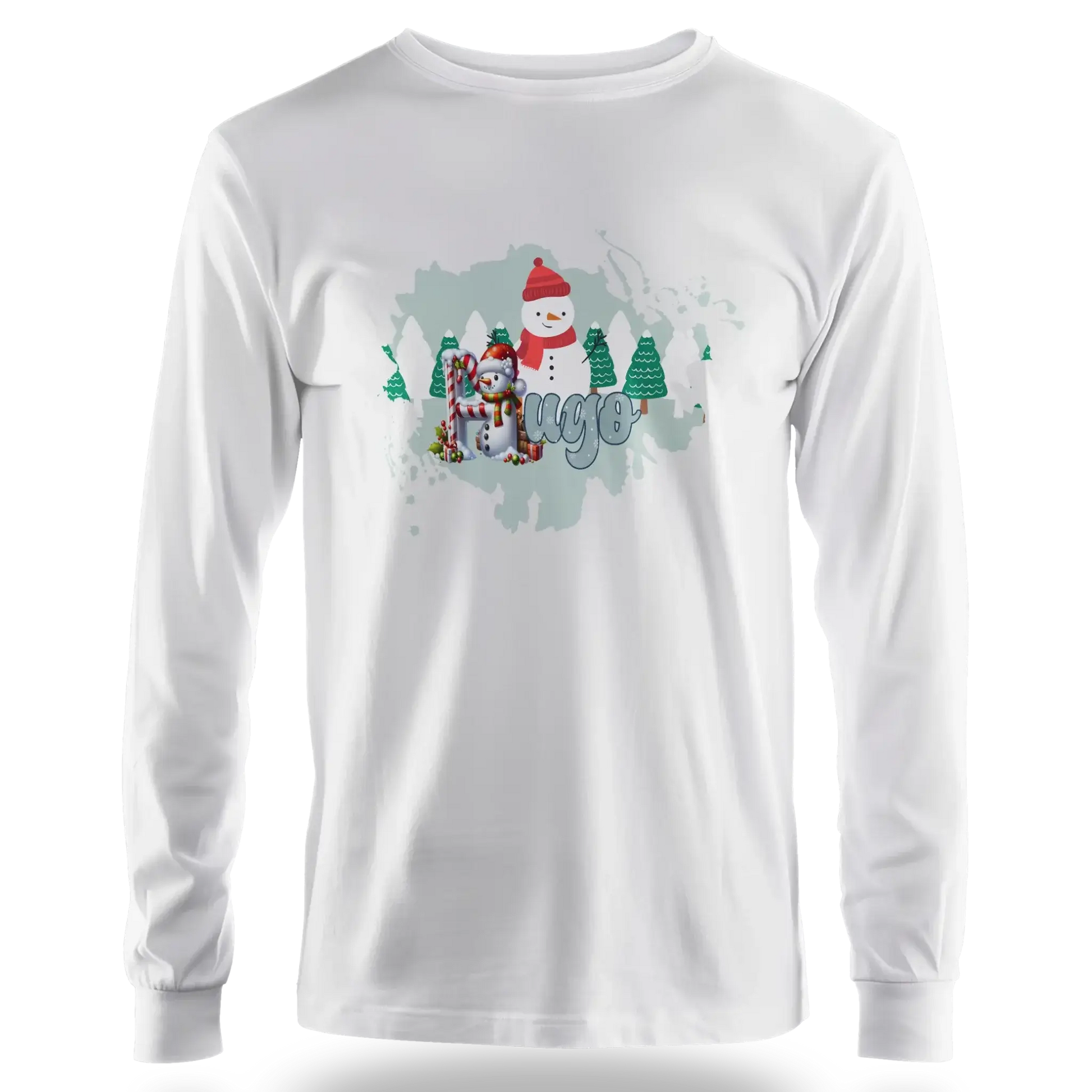 T-shirt personnalisé motif bonhomme de neige et arbres de Noël - Prénom - MiniLook