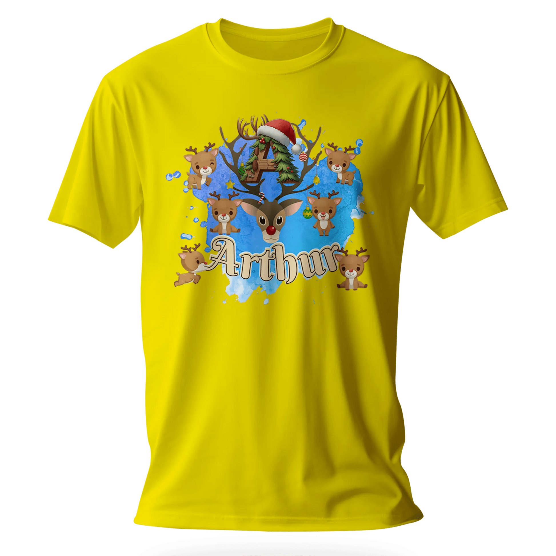 T-shirt personnalisé motif cerf de Noël avec bonnet de Noël - Initiale et prénom - MiniLook