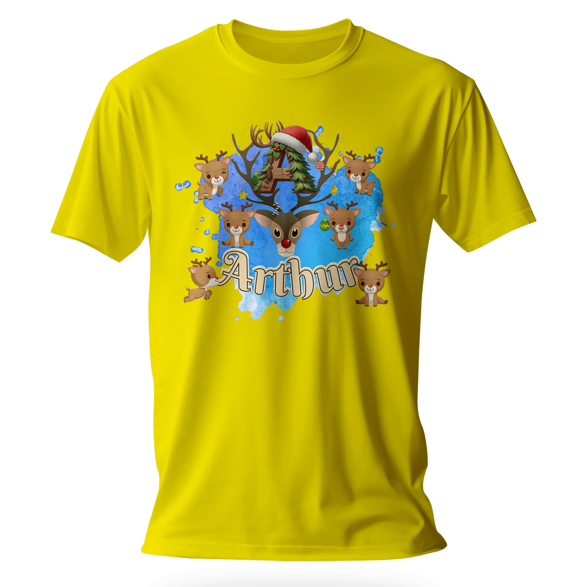 T-shirt personnalisé motif cerf de Noël avec bonnet de Noël - Initiale et prénom - MiniLook