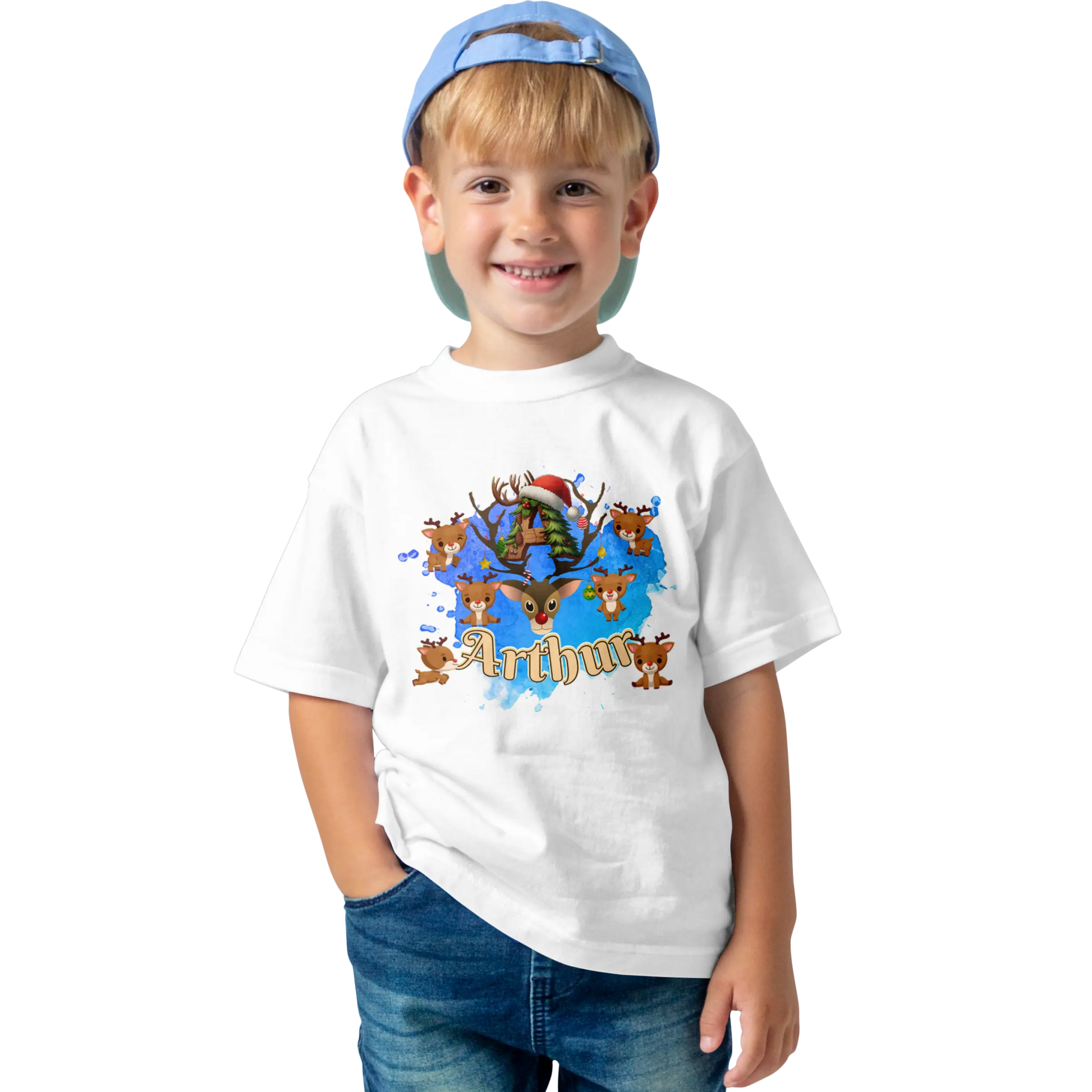 T-shirt personnalisé motif cerf de Noël avec bonnet de Noël - Initiale et prénom - MiniLook