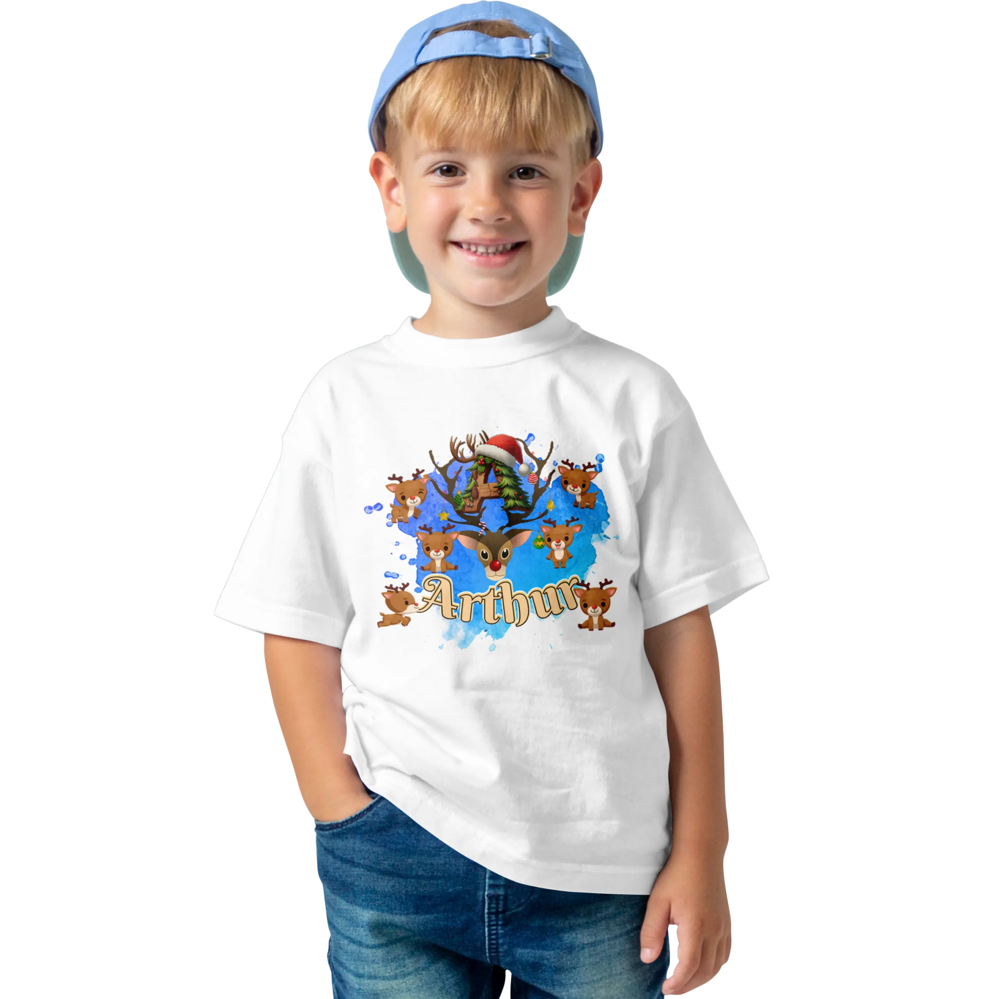 T-shirt personnalisé motif cerf de Noël avec bonnet de Noël - Initiale et prénom - MiniLook