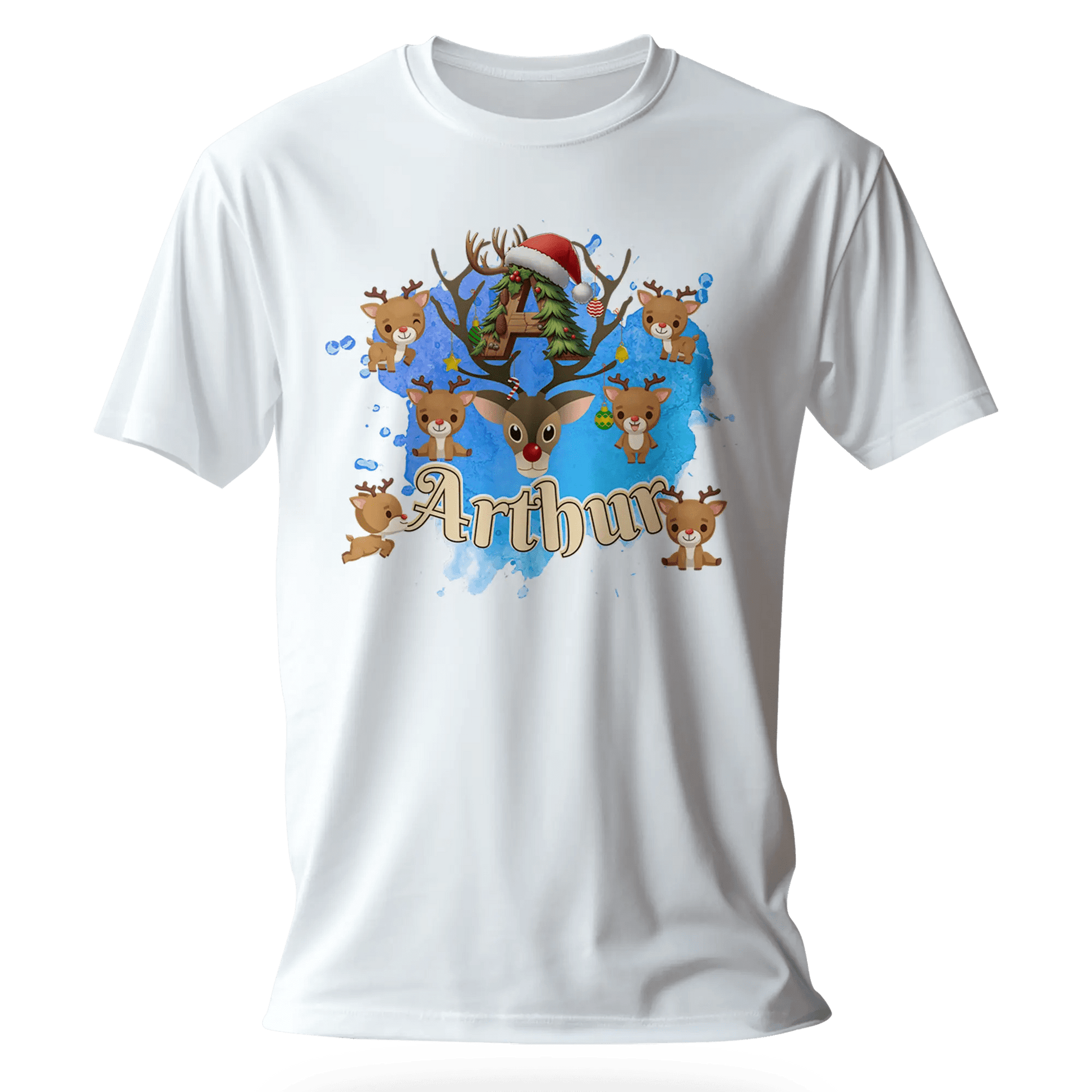 T-shirt personnalisé motif cerf de Noël avec bonnet de Noël - Initiale et prénom - MiniLook