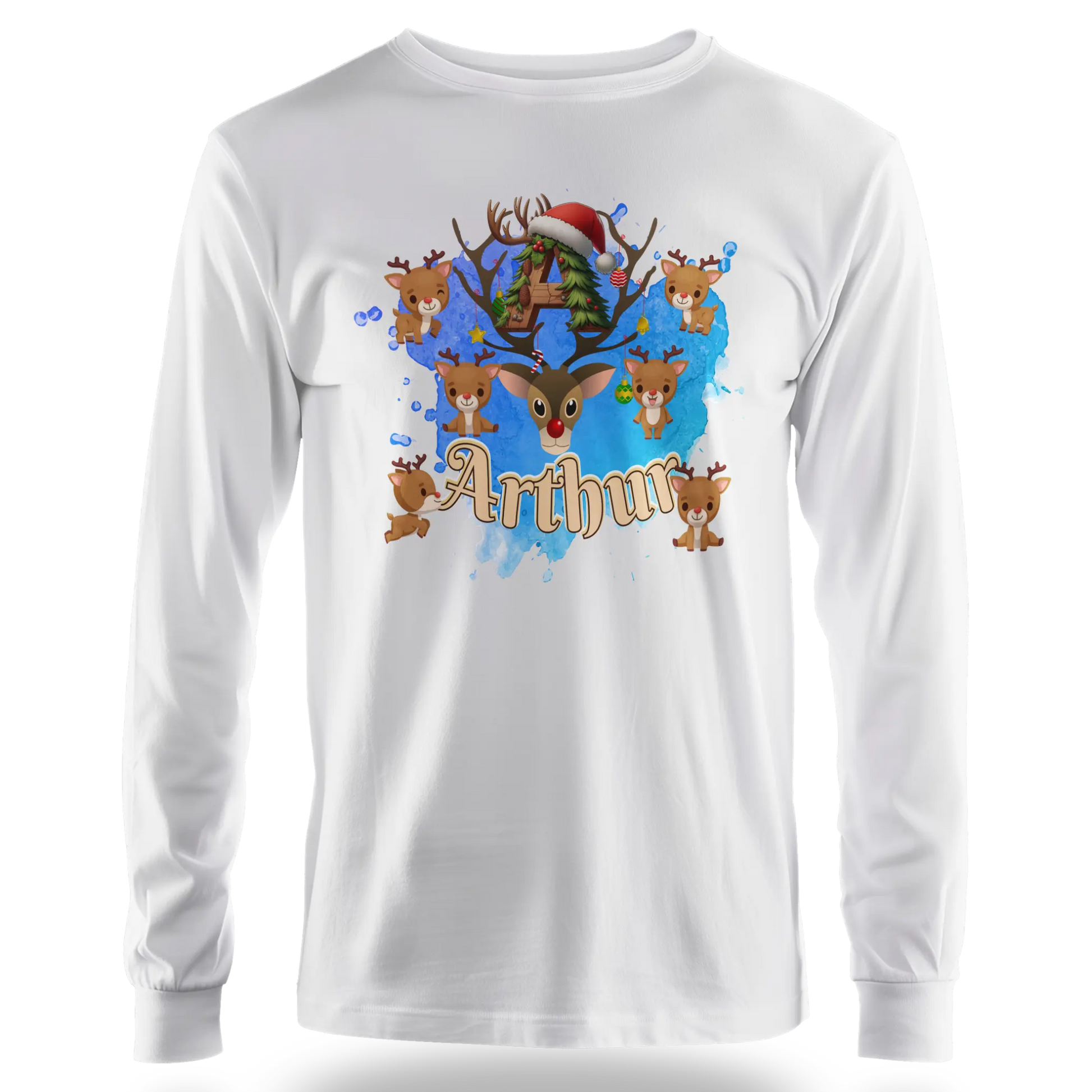 T-shirt personnalisé motif cerf de Noël avec bonnet de Noël - Initiale et prénom - MiniLook