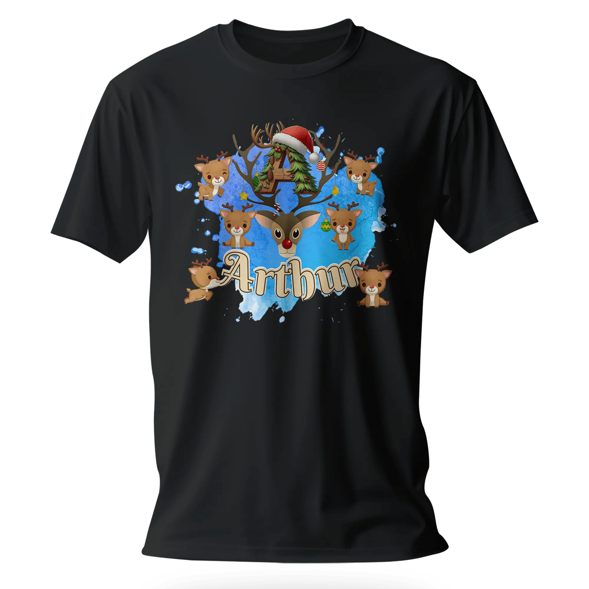 T-shirt personnalisé motif cerf de Noël avec bonnet de Noël - Initiale et prénom - MiniLook