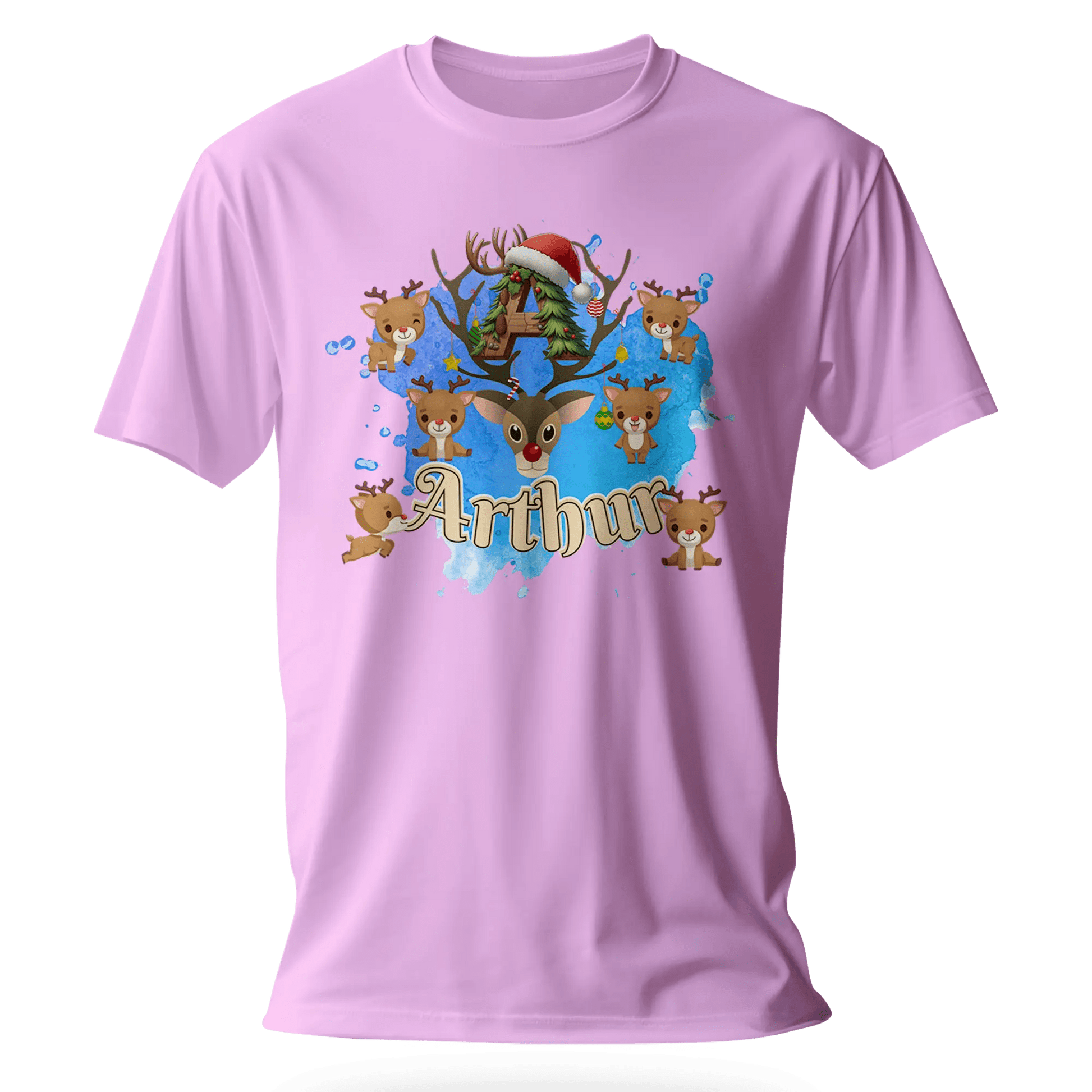 T-shirt personnalisé motif cerf de Noël avec bonnet de Noël - Initiale et prénom - MiniLook