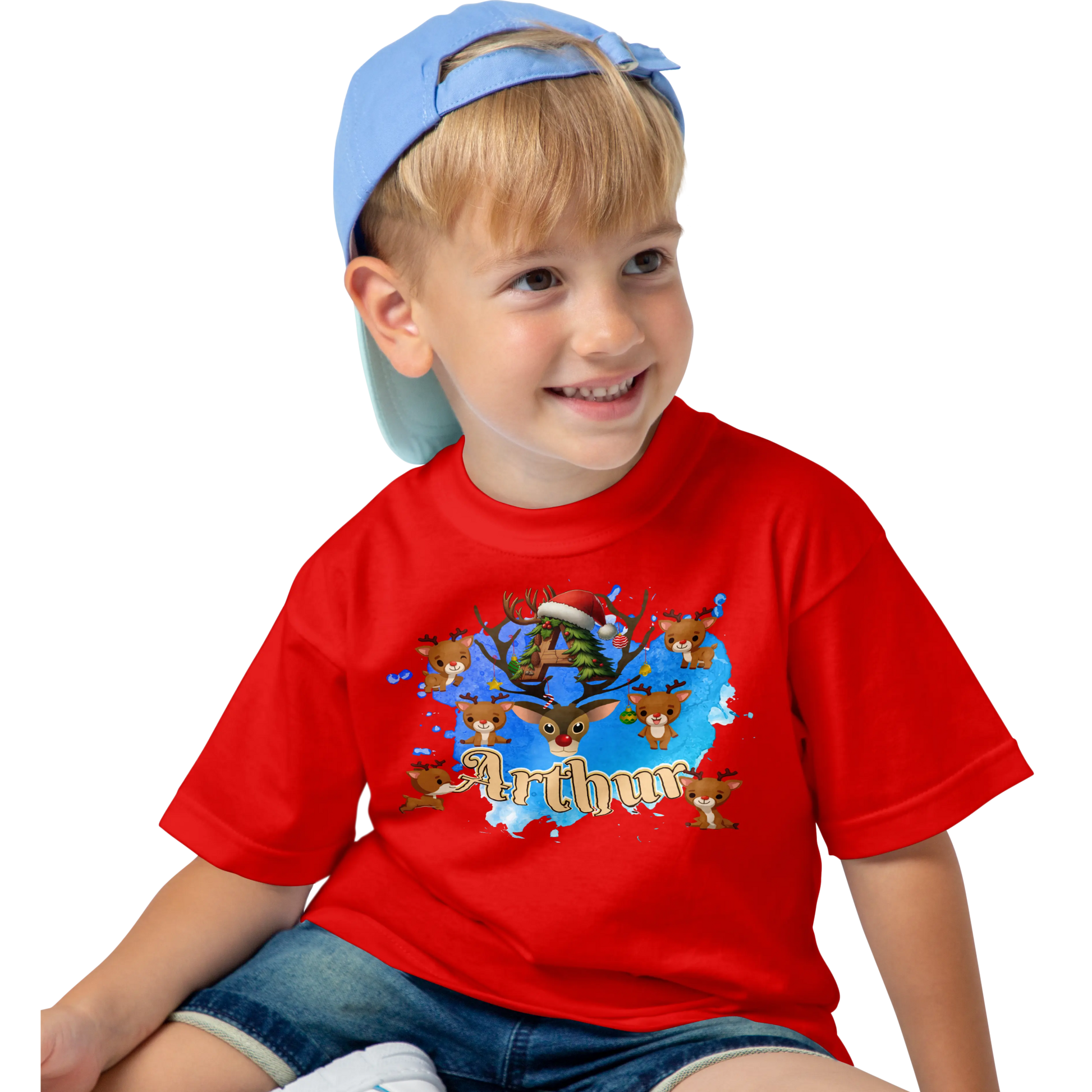 T-shirt personnalisé motif cerf de Noël avec bonnet de Noël - Initiale et prénom - MiniLook