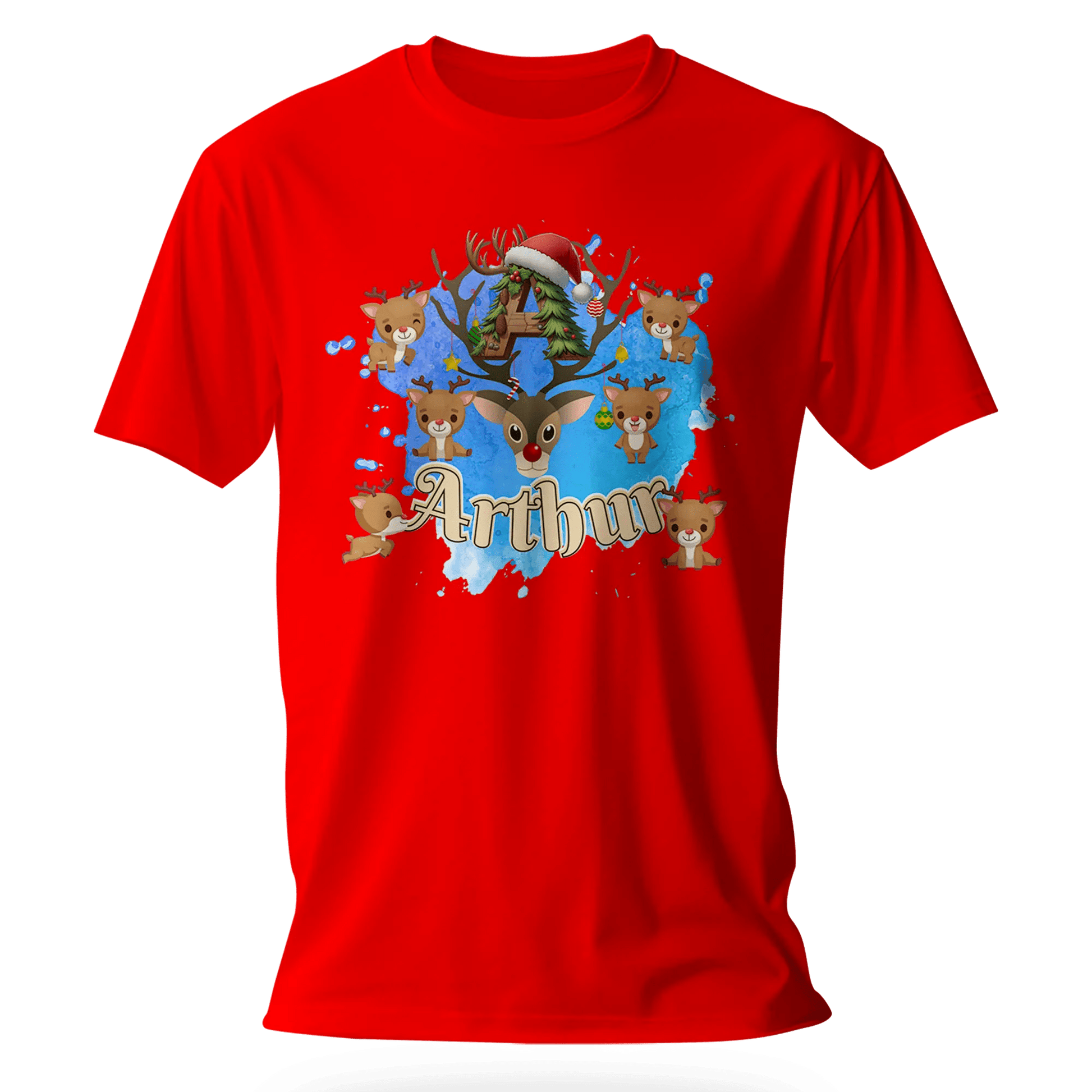 T-shirt personnalisé motif cerf de Noël avec bonnet de Noël - Initiale et prénom - MiniLook