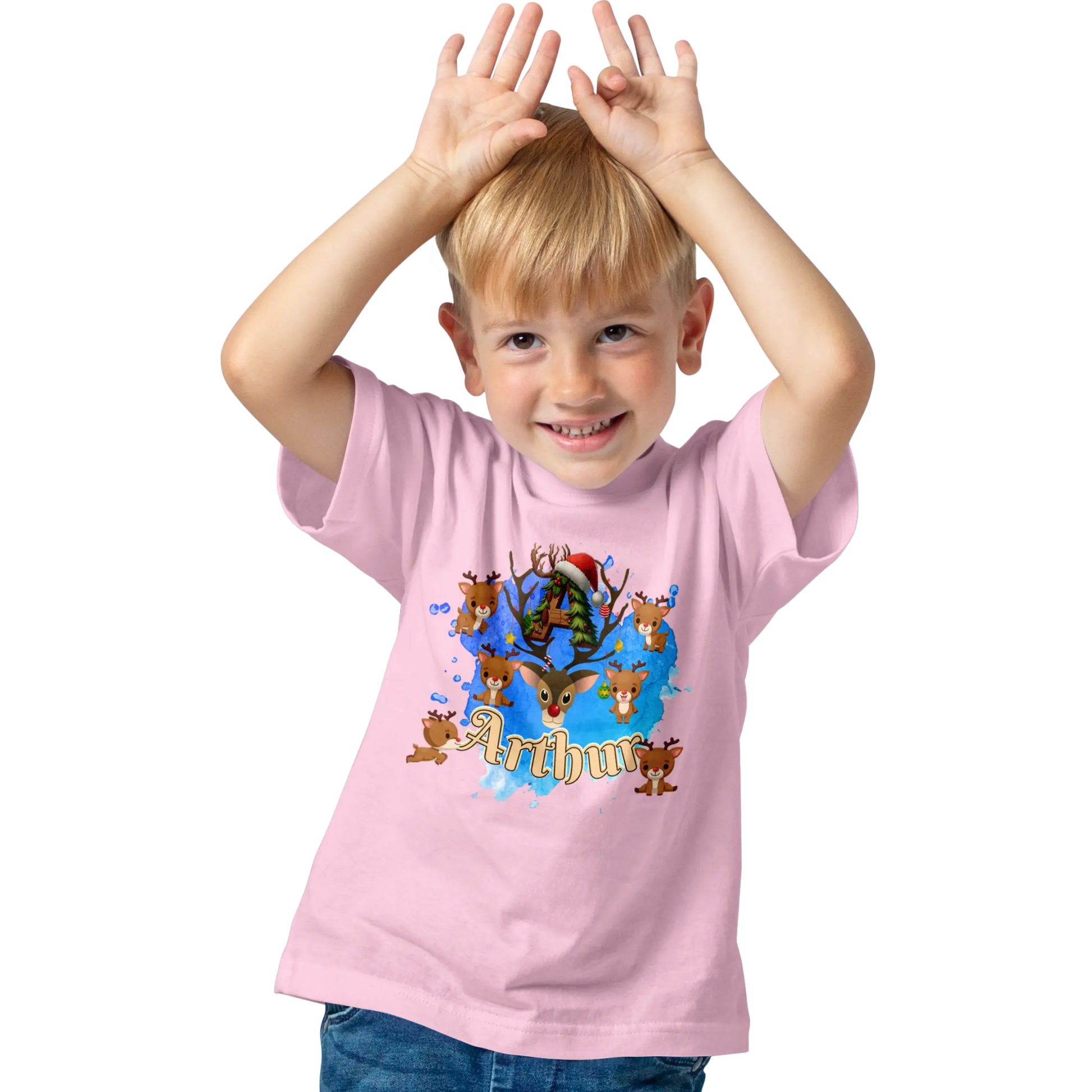 T-shirt personnalisé motif cerf de Noël avec bonnet de Noël - Initiale et prénom - MiniLook