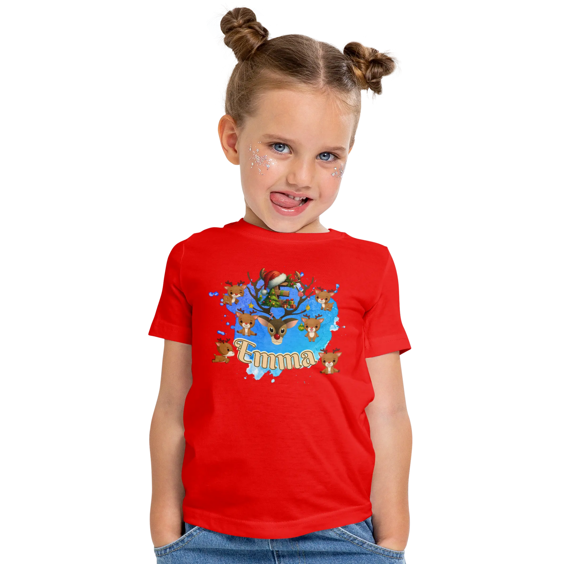 T-shirt personnalisé motif cerf de Noël avec bonnet de Noël pour les filles - Initiale et prénom - MiniLook