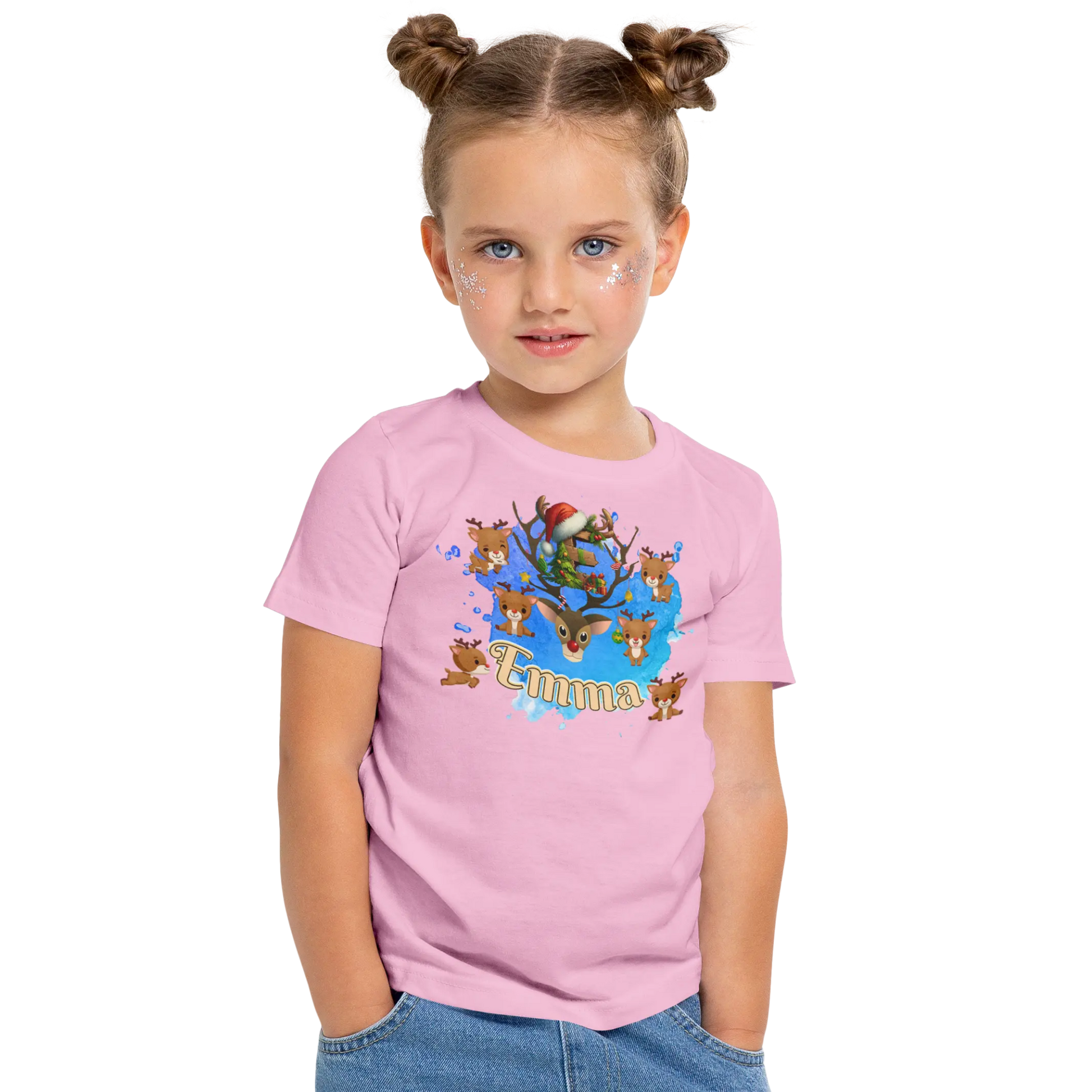 T-shirt personnalisé motif cerf de Noël avec bonnet de Noël pour les filles - Initiale et prénom - MiniLook