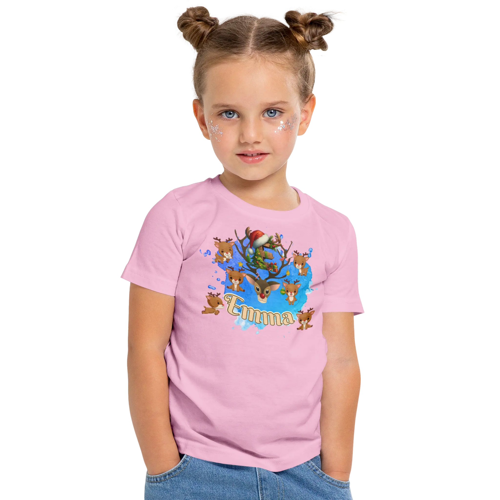 T-shirt personnalisé motif cerf de Noël avec bonnet de Noël pour les filles - Initiale et prénom - MiniLook